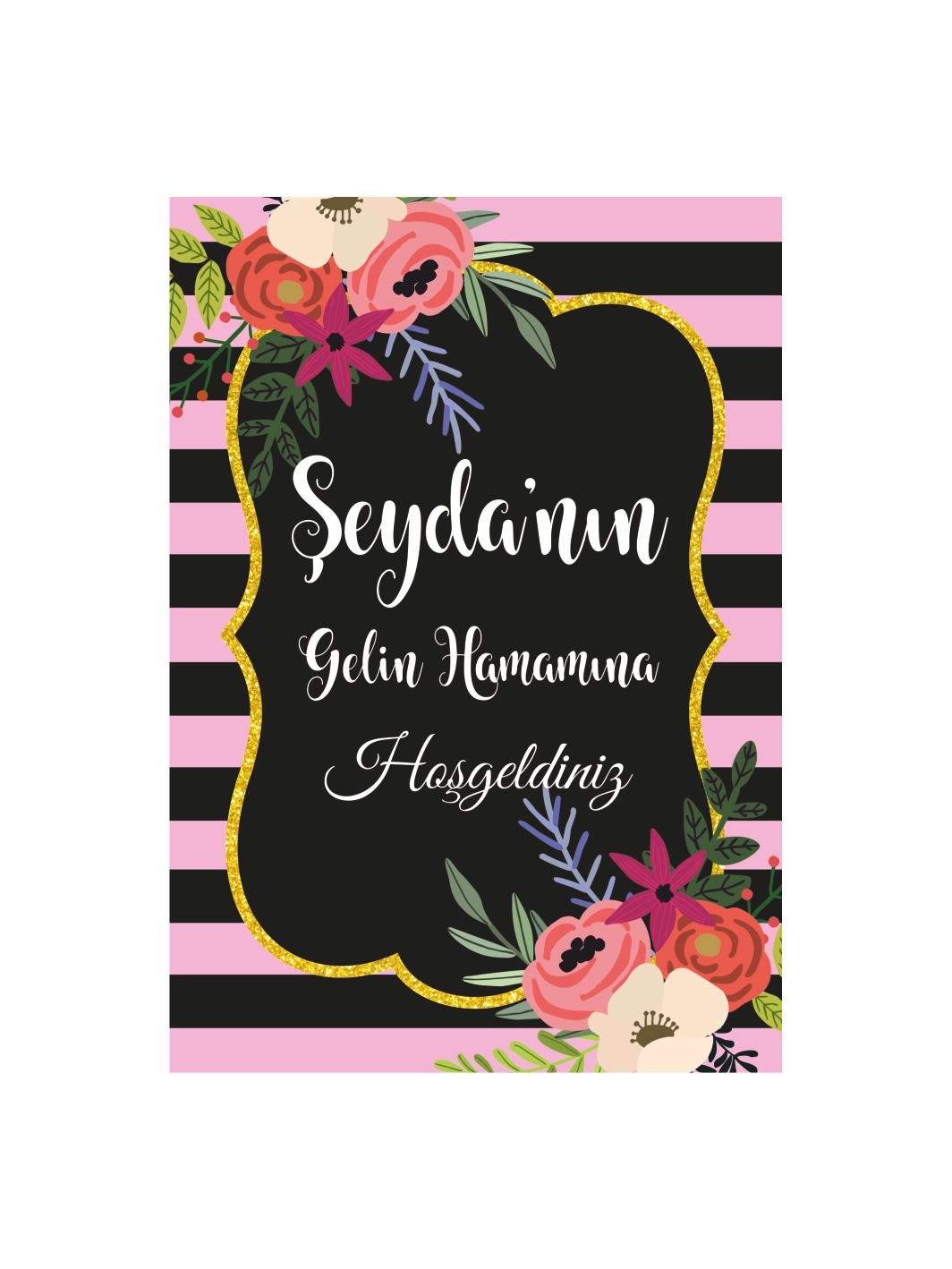 Gelin Hamamı Pano Ayaklı Pembe Siyah Renk Çiçek Çerçeve Tema