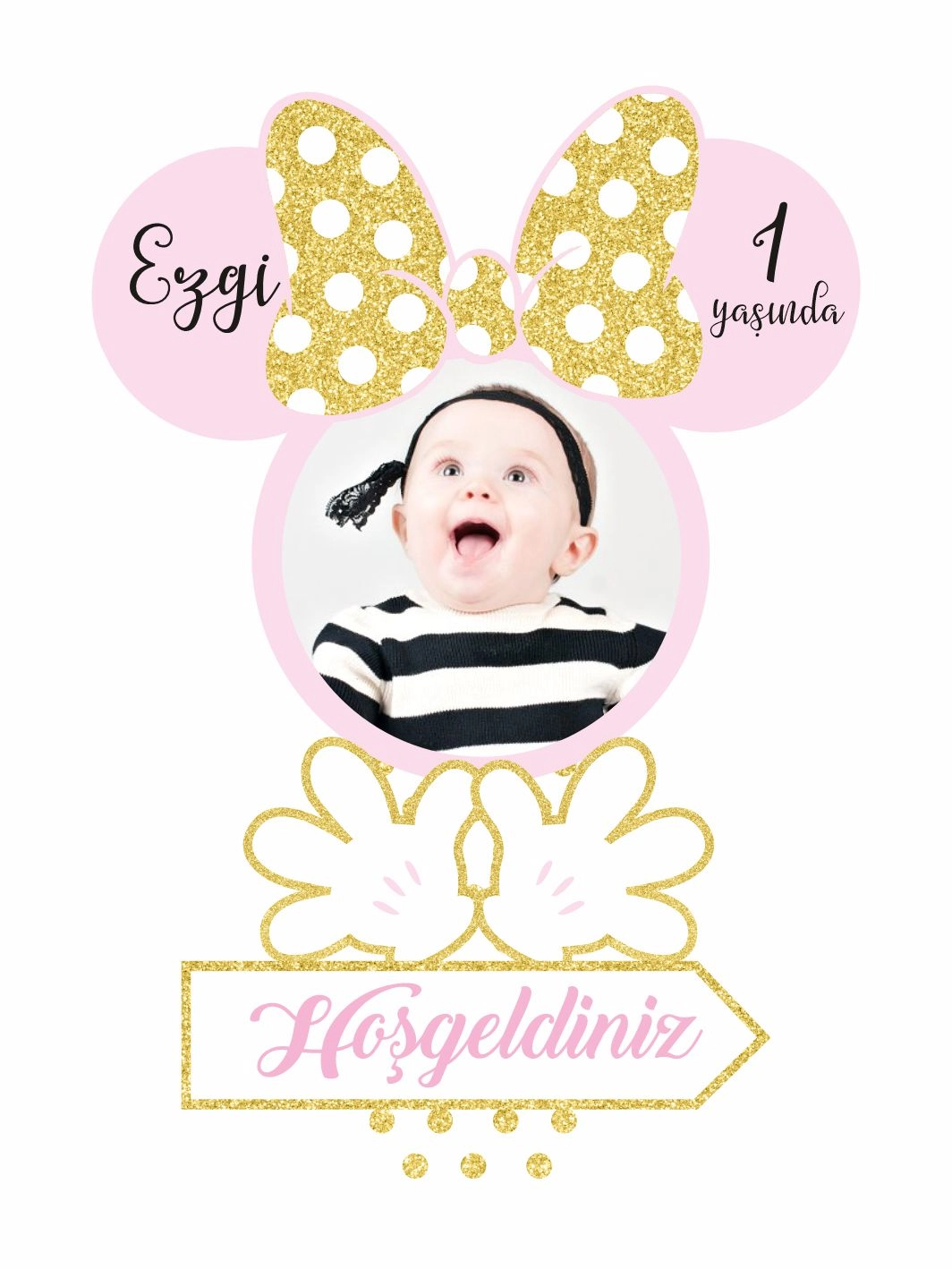 gold-puantiyeli-fiyonklu-kulak-temali-fotografli-1-yas-bebek-dogum-gunu-karsilama-panosu