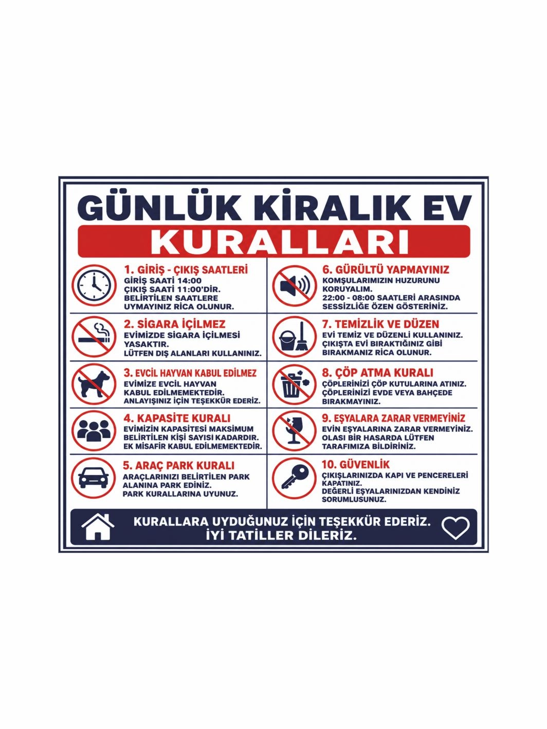 Günlük Kiralık Ev Kuralları Levhası 40x35 cm – Airbnb ve Apart Daire Kullanım Kuralları Tabelası