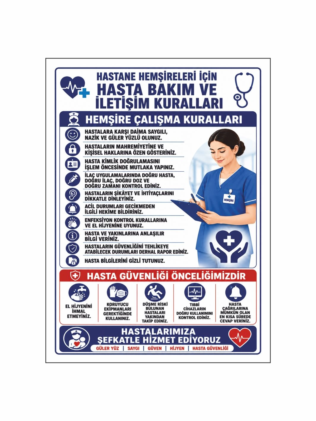 Hastane Hemşire ve Hasta Bakım Uyarı Levhası 40x30 cm – Sağlık Personeli Bilgilendirme Tabelası