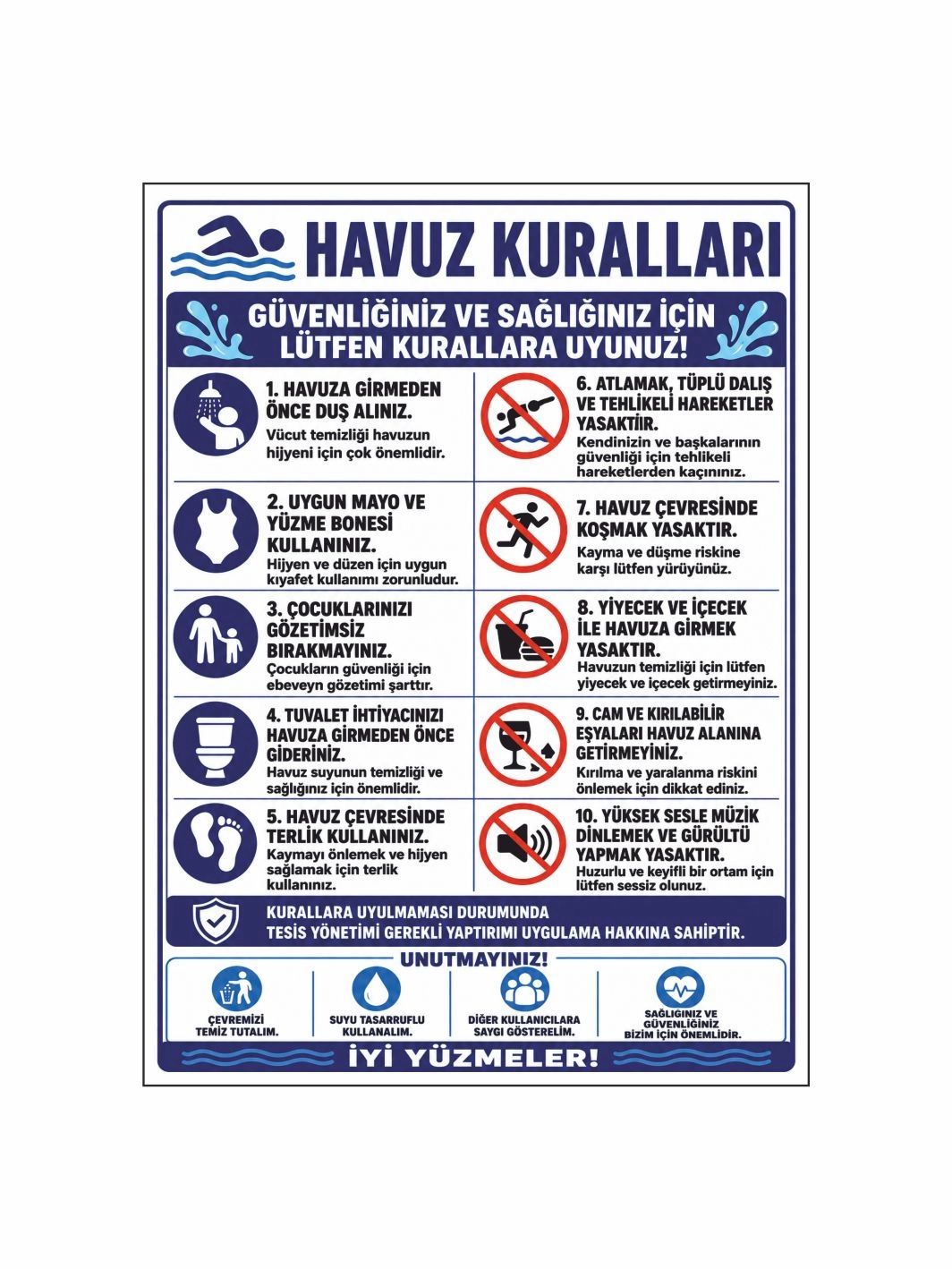 Havuz Kuralları Uyarı Levhası 40x30 cm – Yüzme Havuzu Kullanım ve Güvenlik Kuralları Tabelası