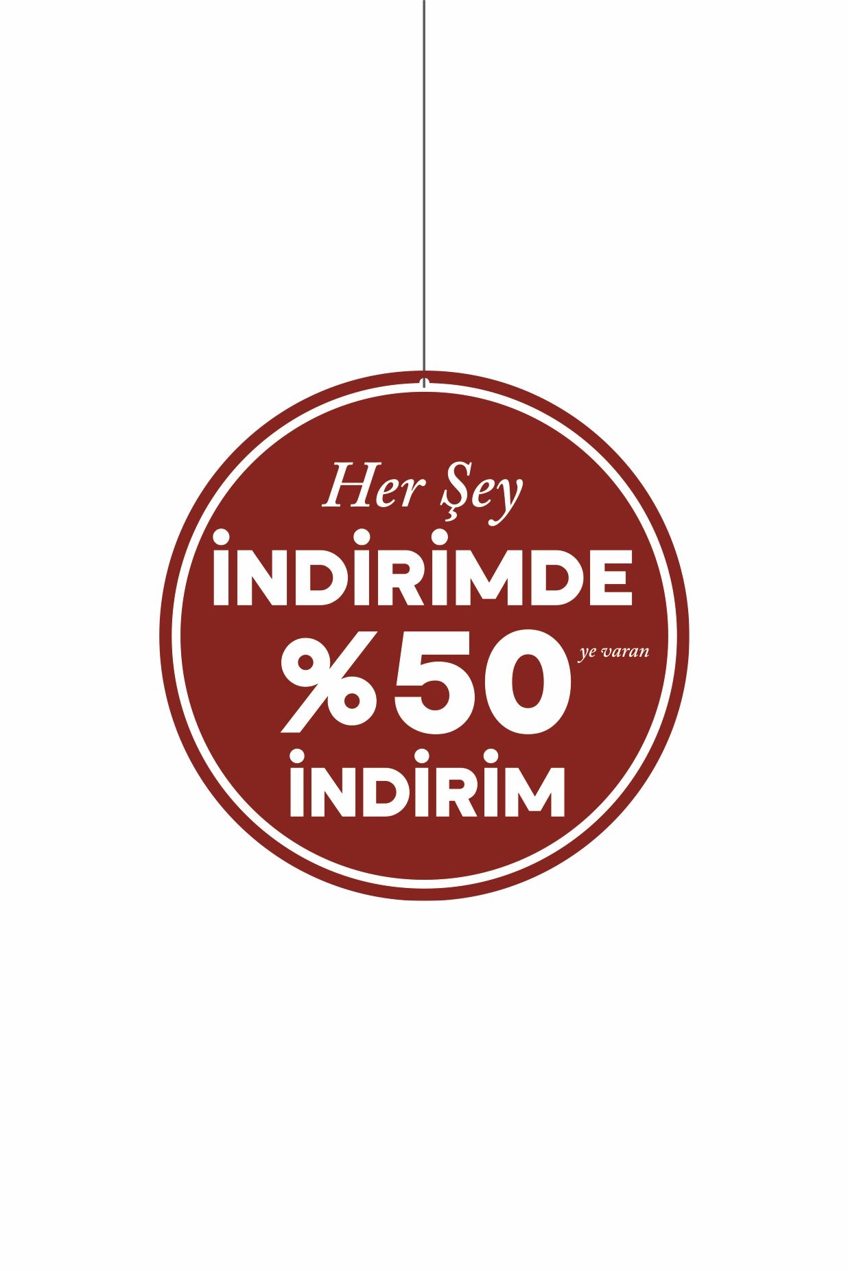 Her Şey İndirimde %50’ye Varan İndirim Mağaza Dönkartı – Tavan Askılı Kampanya Kartı