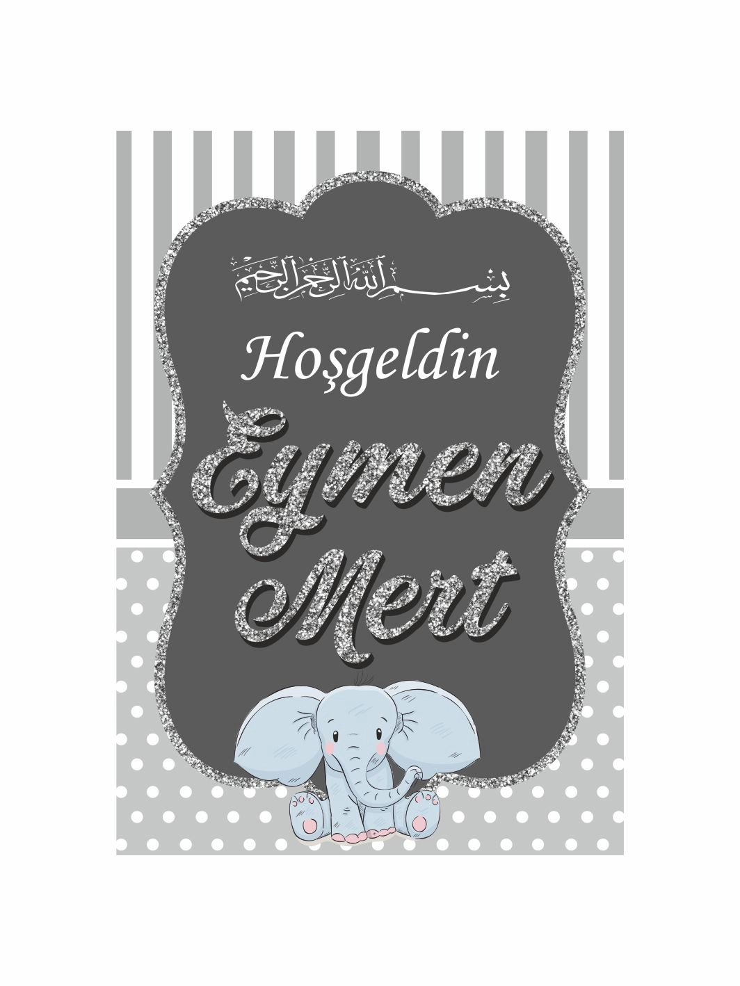 Hoş Geldin Bebek Afişi Fil Tema Gri Beyaz Konsept