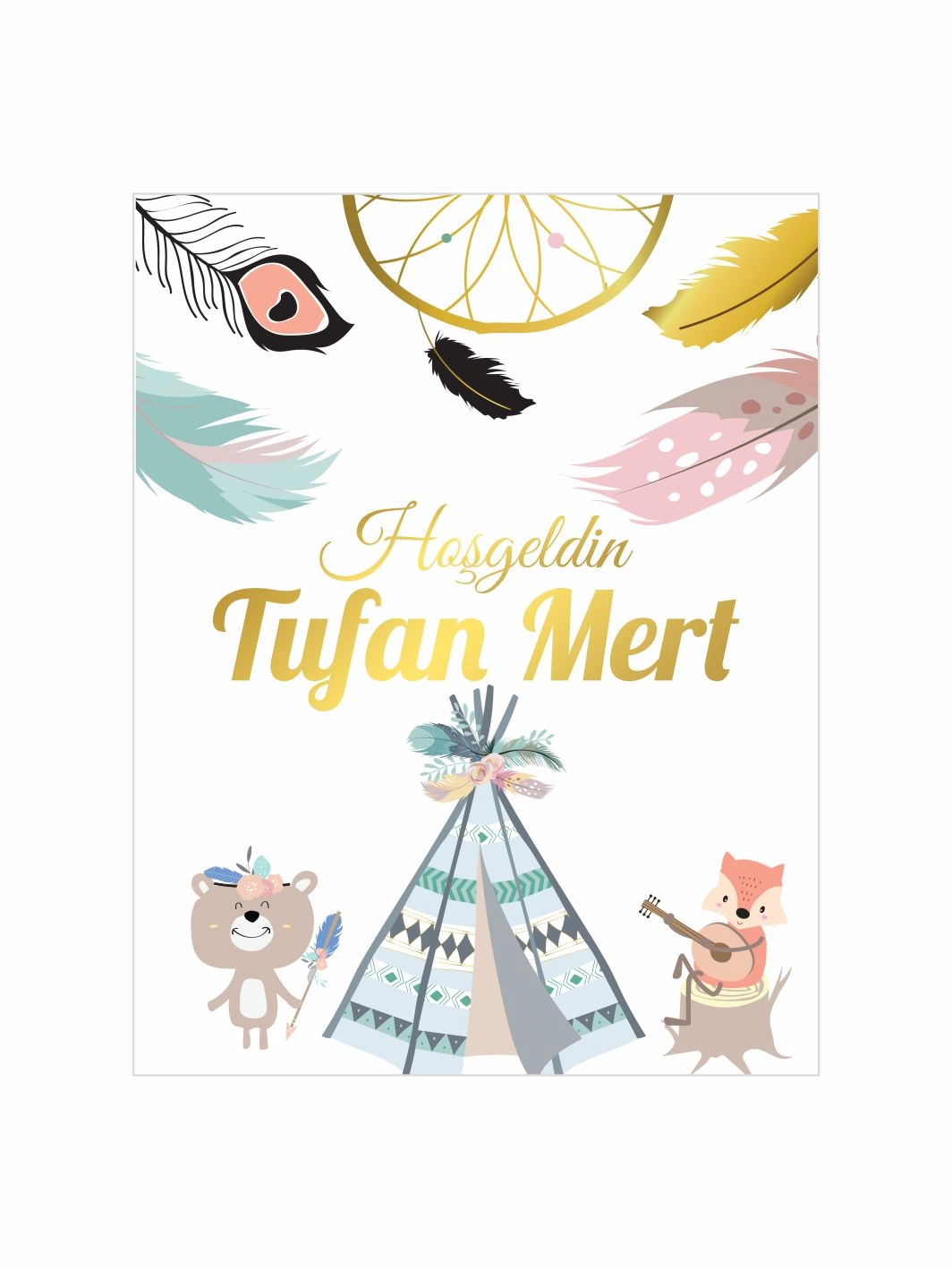 Hoş Geldin Bebek Magneti Kızılderili Temalı Yeni Doğan Erkek Bebek Magneti Çadırlı Bohem Konsept