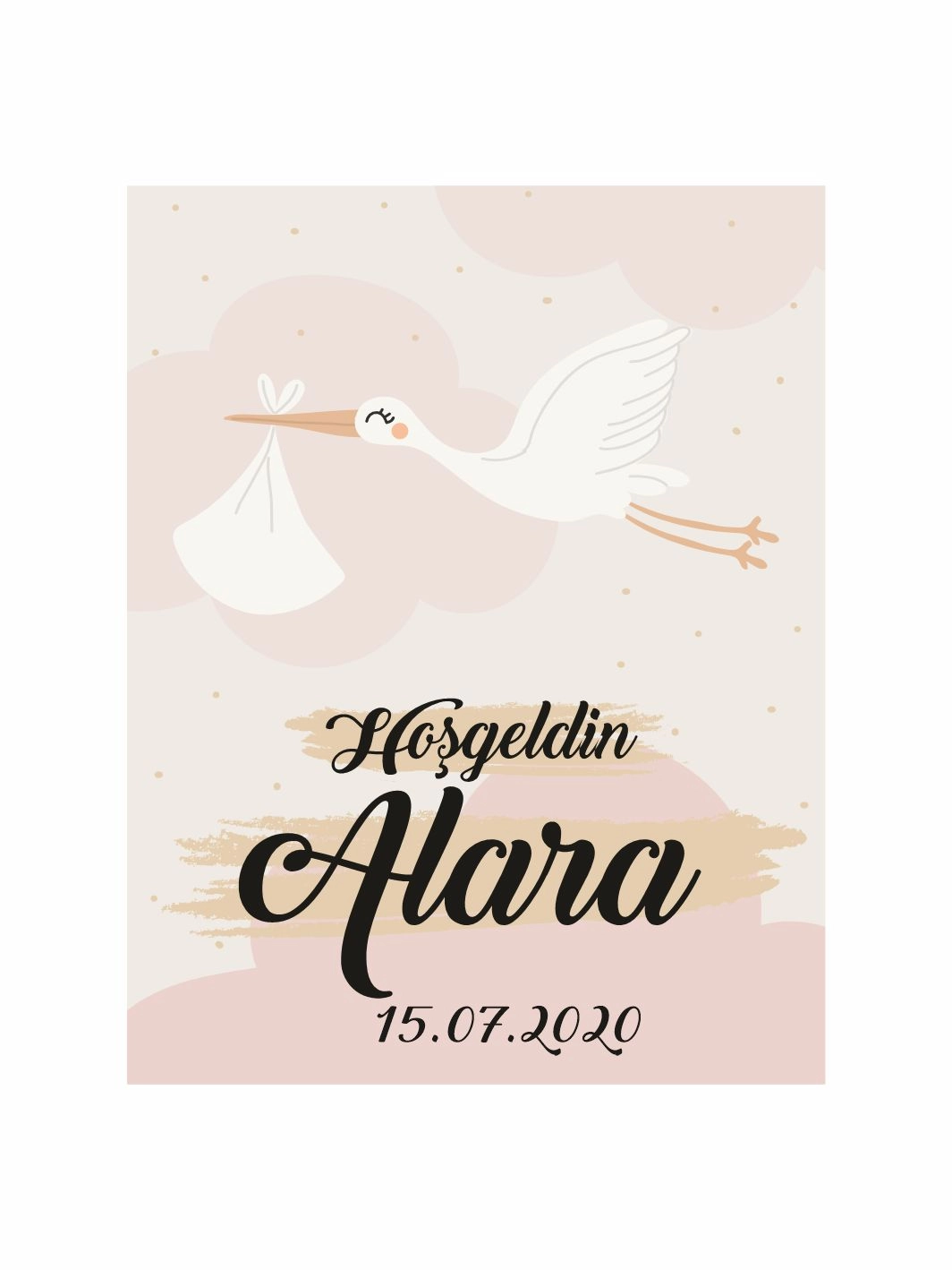 Hoş Geldin Bebek Magneti Leylek Temalı Yeni Doğan Kız Bebek Magneti Pudra Bulutlu İsimli Konsept