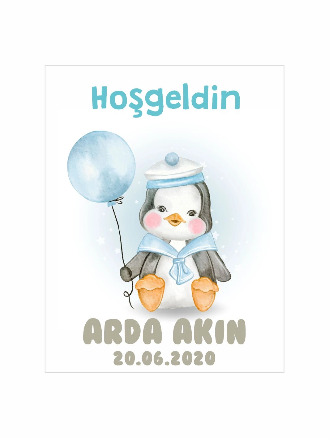 Hoş Geldin Bebek Magneti Penguen Temalı Yeni Doğan Erkek Bebek Magneti Mavi Balonlu Denizci Konsept