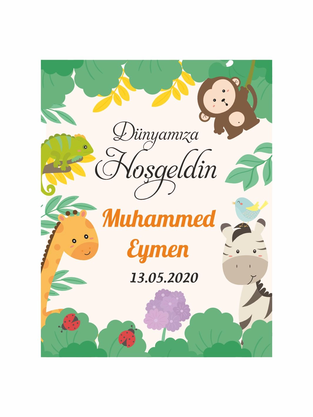 Hoş Geldin Bebek Magneti Safari Temalı Yeni Doğan Erkek Bebek Magneti Zürafa Zebra Maymunlu Orman Konsept