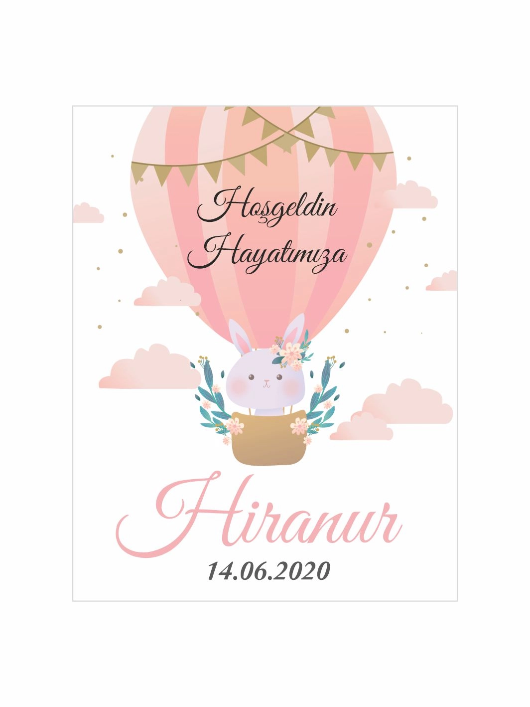 Hoş Geldin Bebek Magneti Sıcak Hava Balonu Temalı Yeni Doğan Kız Bebek Magneti Tavşanlı Pembe Balon Konsept