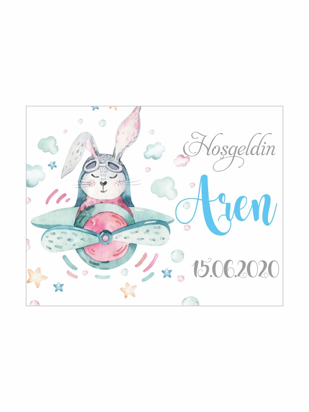 Hoş Geldin Bebek Magneti Uçaklı Tavşan Temalı Yeni Doğan Erkek Bebek Magneti Bulutlu Mavi Konsept