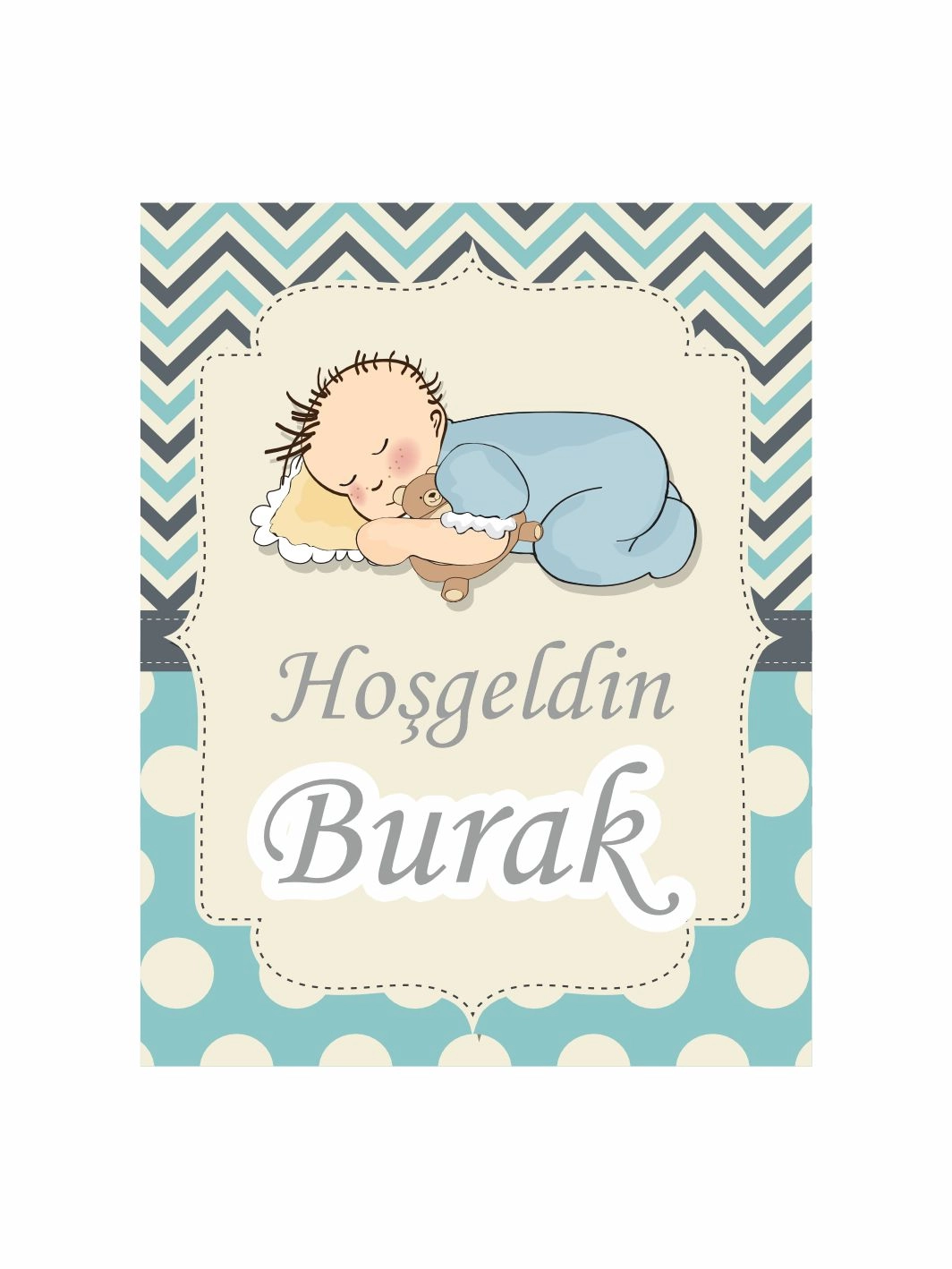 Hoş Geldin Bebek Magneti Uyuyan Bebek Temalı Mavi Zikzak Desenli Yeni Doğan Erkek Bebek Magneti