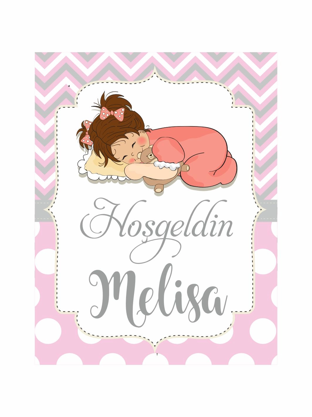 Hoş Geldin Bebek Magneti Uyuyan Bebek Temalı Pembe Zikzak Desenli Yeni Doğan Kız Bebek Magneti