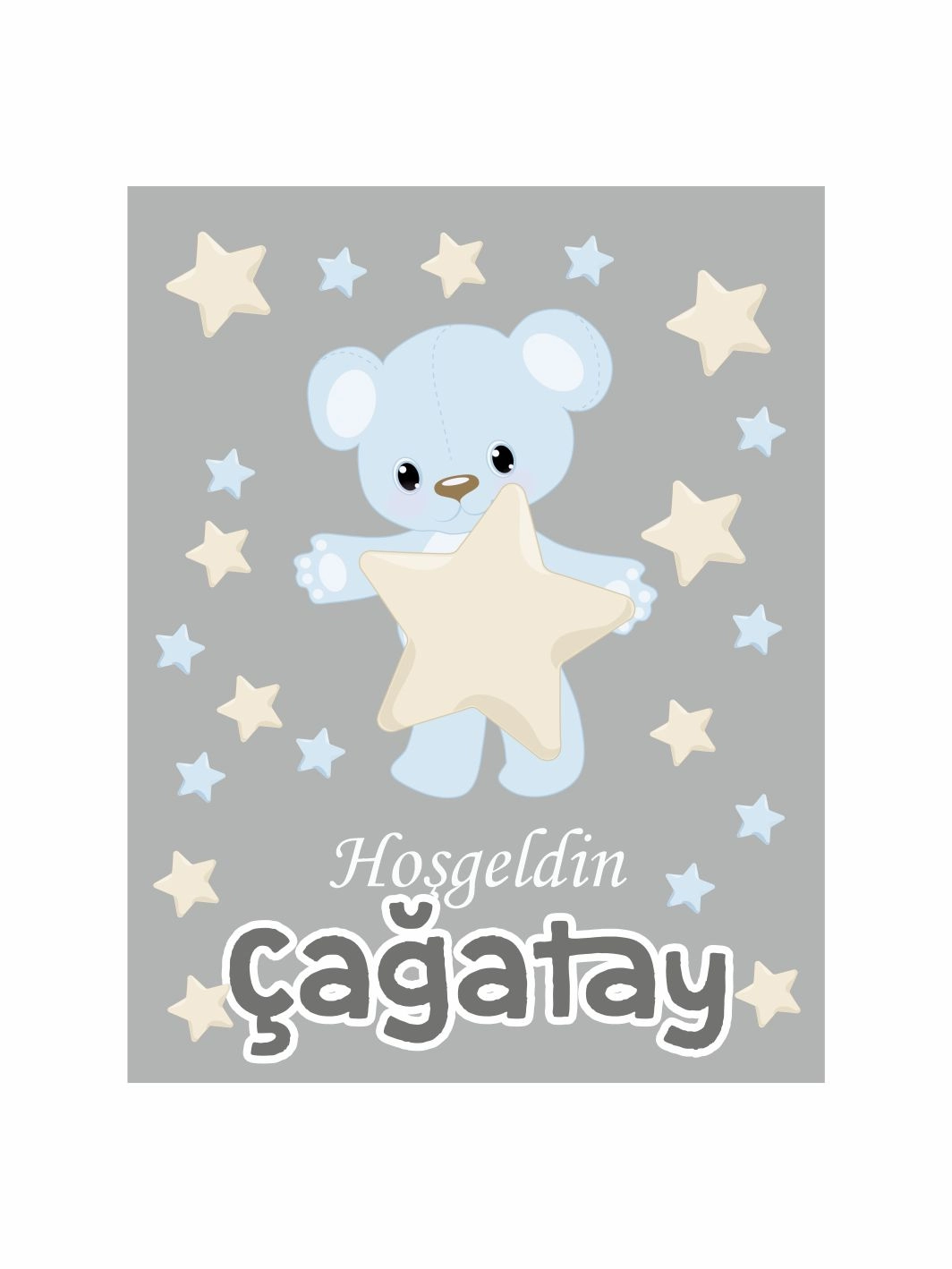Hoş Geldin Bebek Magneti Yıldızlı Ayı Temalı Gri Mavi Yeni Doğan Erkek Bebek Magneti