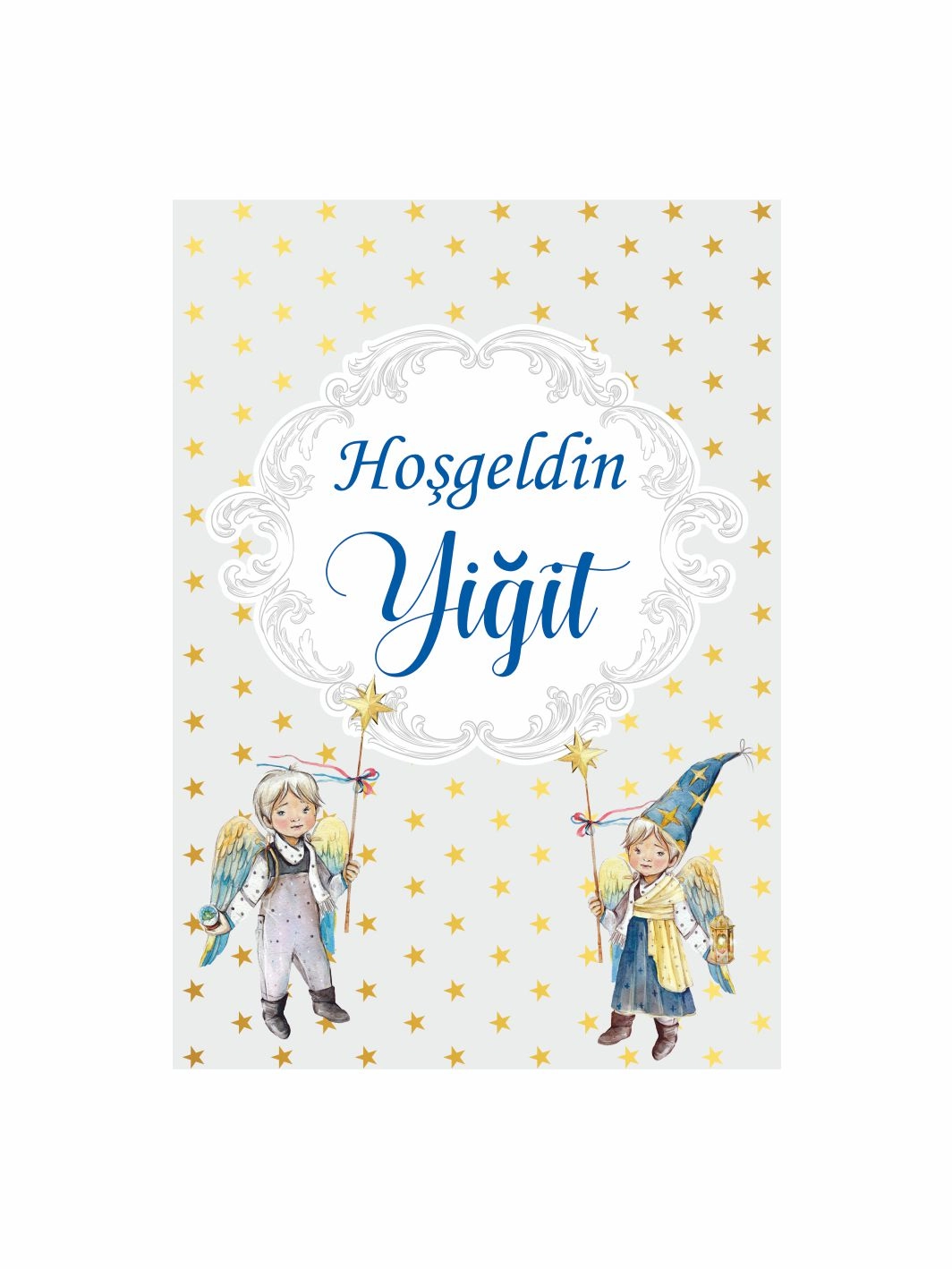 Hoş Geldin Bebek Pano Gold Yıldızlı Melek Figürlü Erkek Bebek Karşılama Panosu