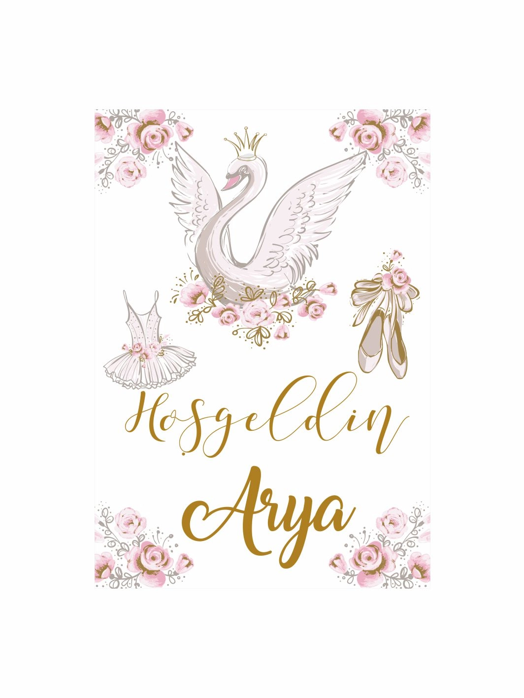 Hoş Geldin Bebek Pano Kuğu Balerin Temalı Gold Yazılı Kız Bebek Karşılama Panosu