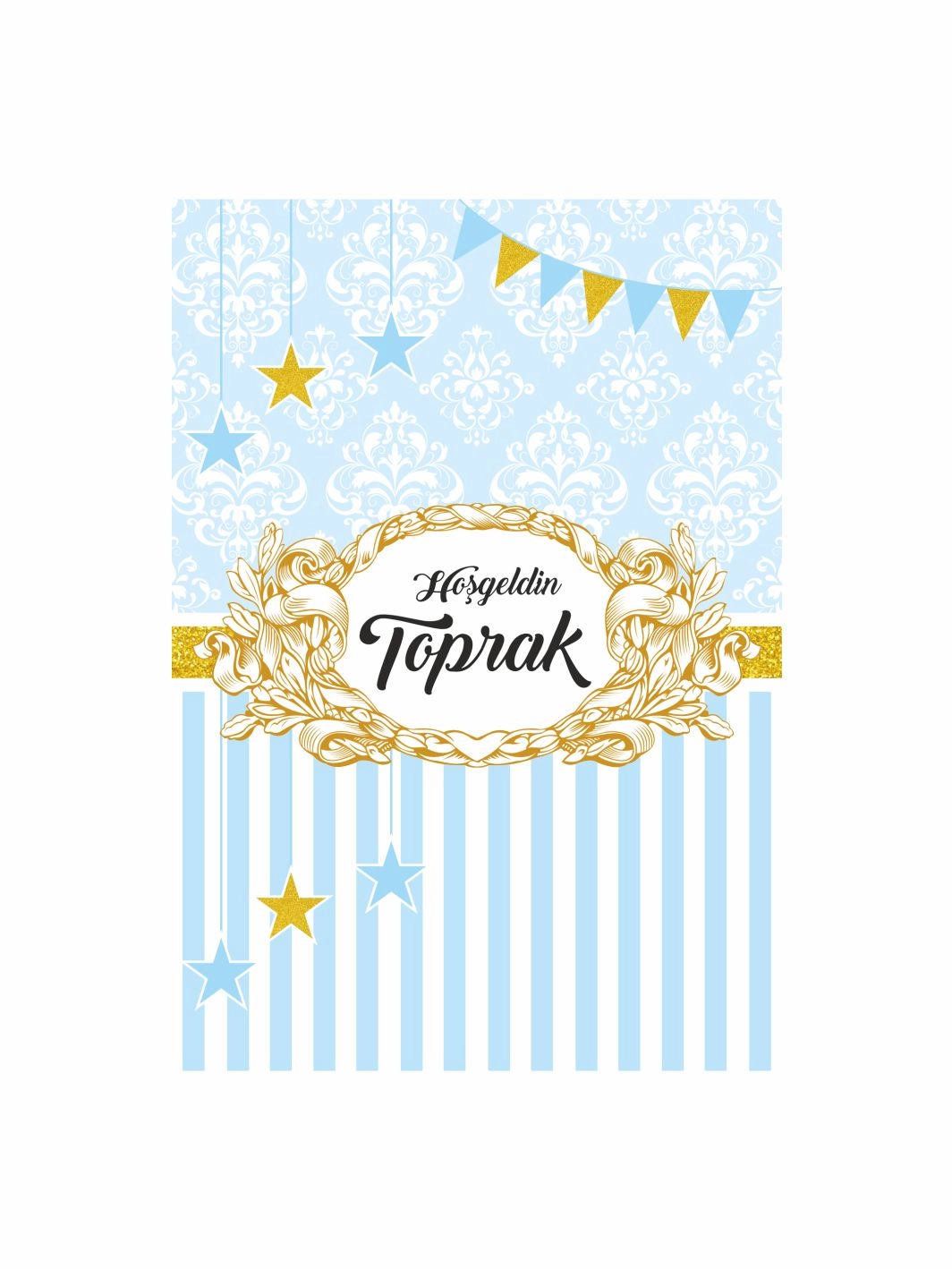 Hoş Geldin Bebek Pano Mavi Damask Desenli Gold Çerçeveli Yıldızlı Erkek Bebek Karşılama Panosu