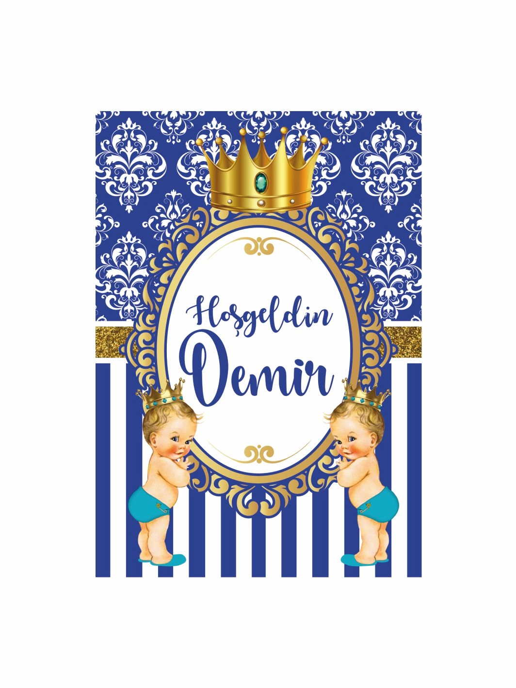 Hoş Geldin Bebek Pano Mavi Gold Damask Desenli Tahtlı Prens Konsept Erkek Bebek Karşılama Panosu