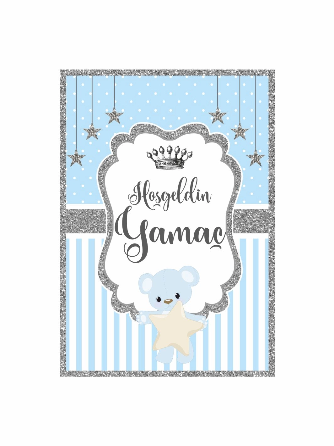 Hoş Geldin Bebek Pano Mavi Gümüş Çerçeveli Yıldızlı Ayıcık Detaylı Erkek Bebek Karşılama Panosu