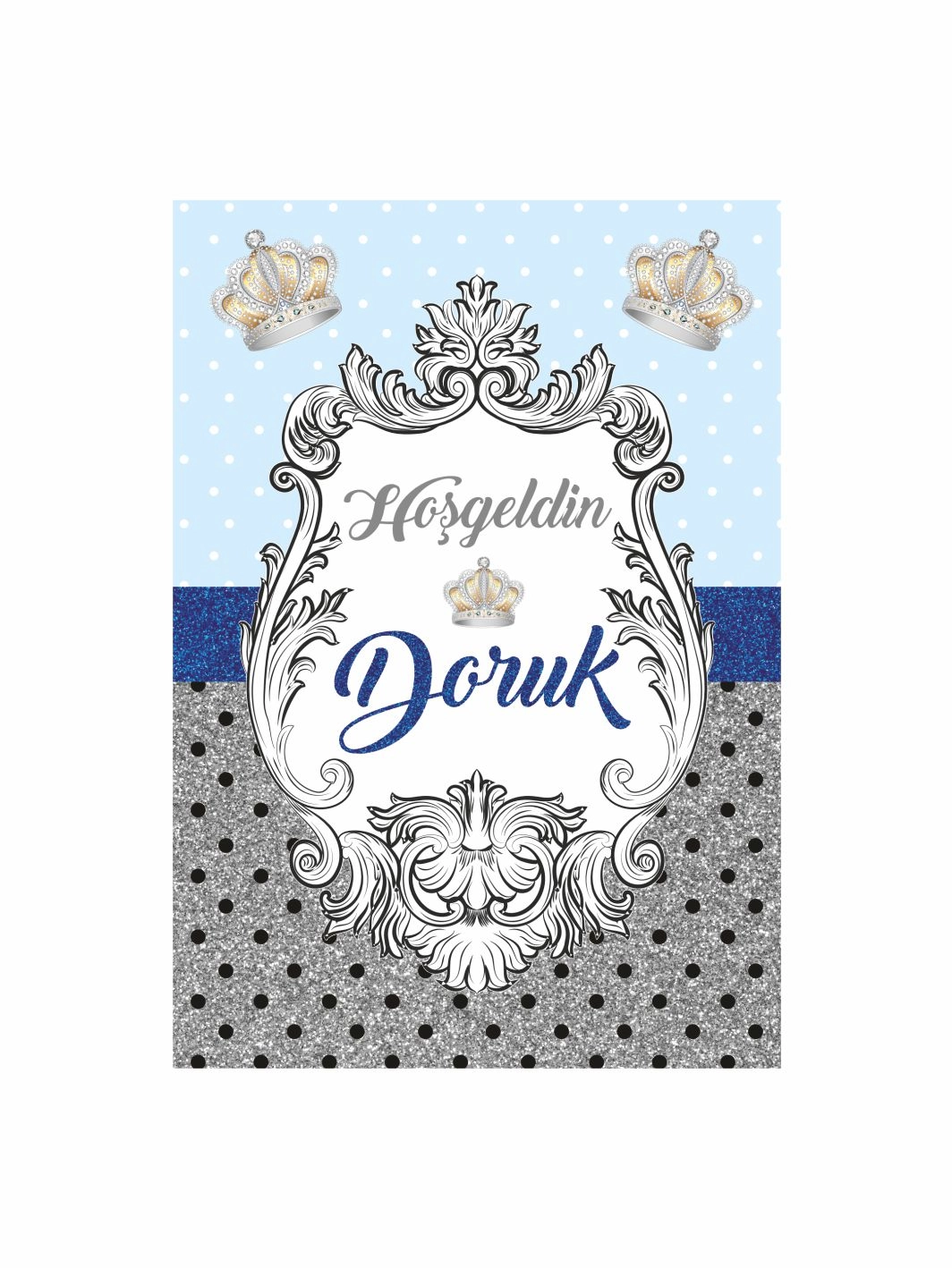 Hoş Geldin Bebek Pano Mavi Gümüş Çiçekli Çerçeveli Prens Taç Detaylı Erkek Bebek Karşılama Panosu