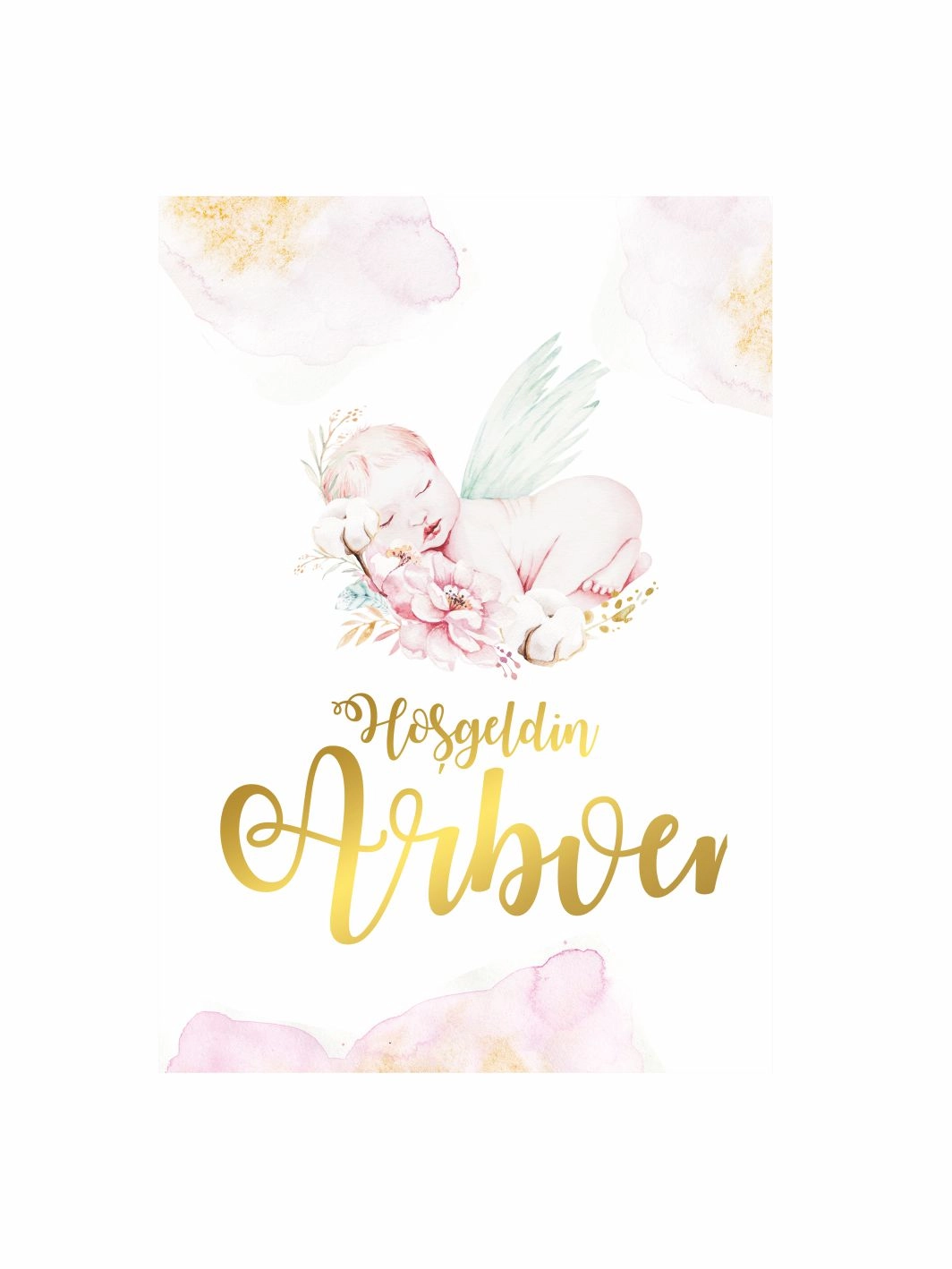 Hoş Geldin Bebek Pano Melek Bebekli Gold Yazılı Pastel Tema Karşılama Panosu