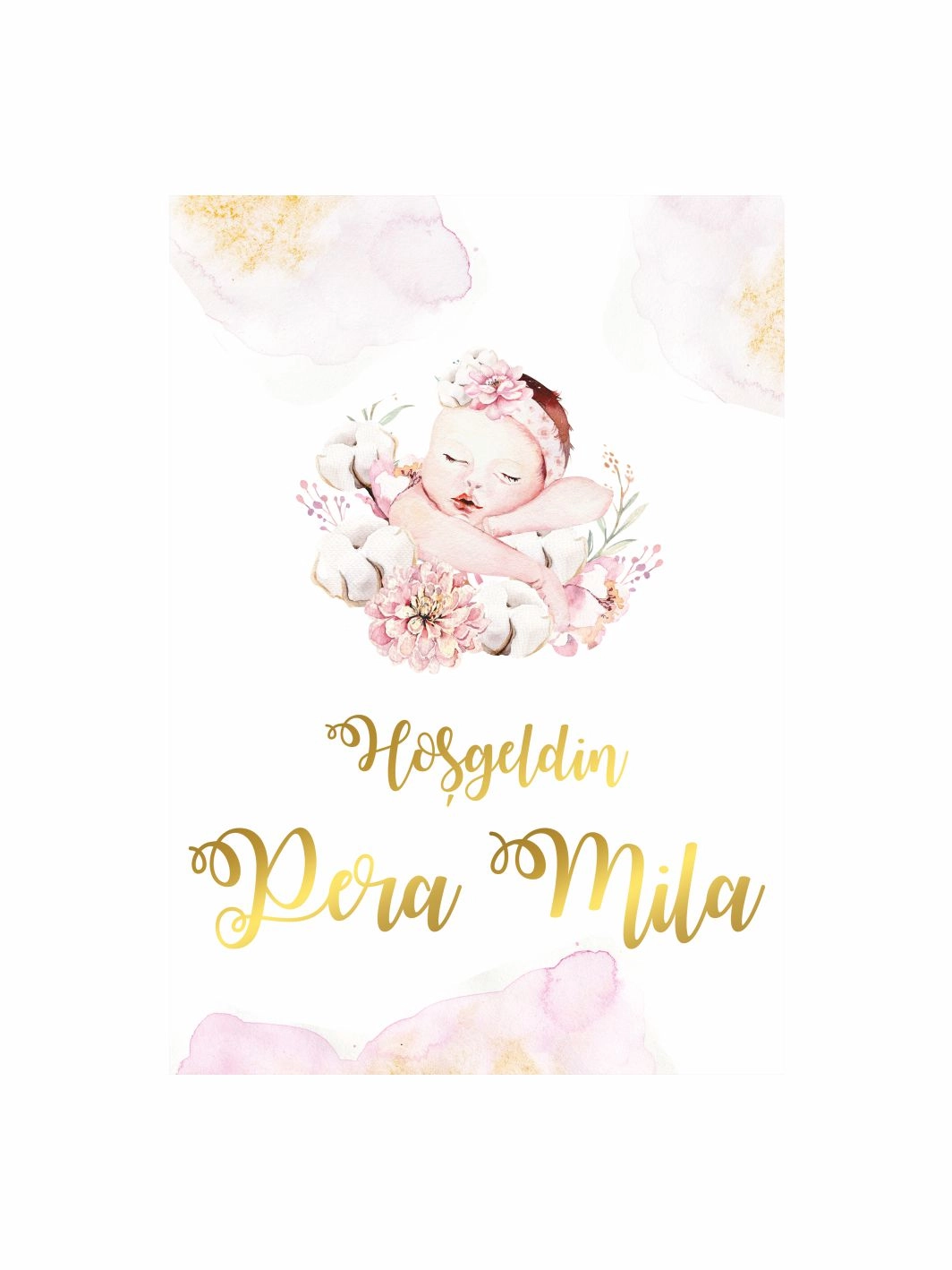 Hoş Geldin Bebek Pano Melek Bebekli Pembe Çiçekli Gold Yazılı Kız Bebek Karşılama Panosu