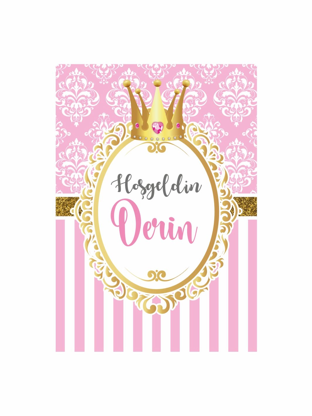 Hoş Geldin Bebek Pano Pembe Gold Damask Desenli Tahtlı Prenses Tema Kız Bebek Karşılama Panosu