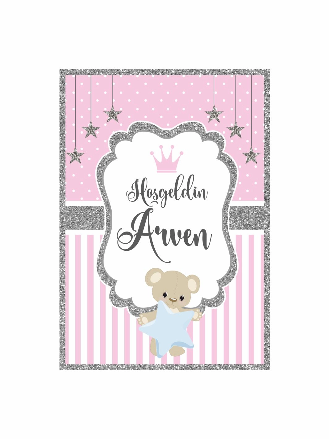 Hoş Geldin Bebek Pano Pembe Gümüş Çerçeveli Yıldızlı Ayıcık Detaylı Kız Bebek Karşılama Panosu