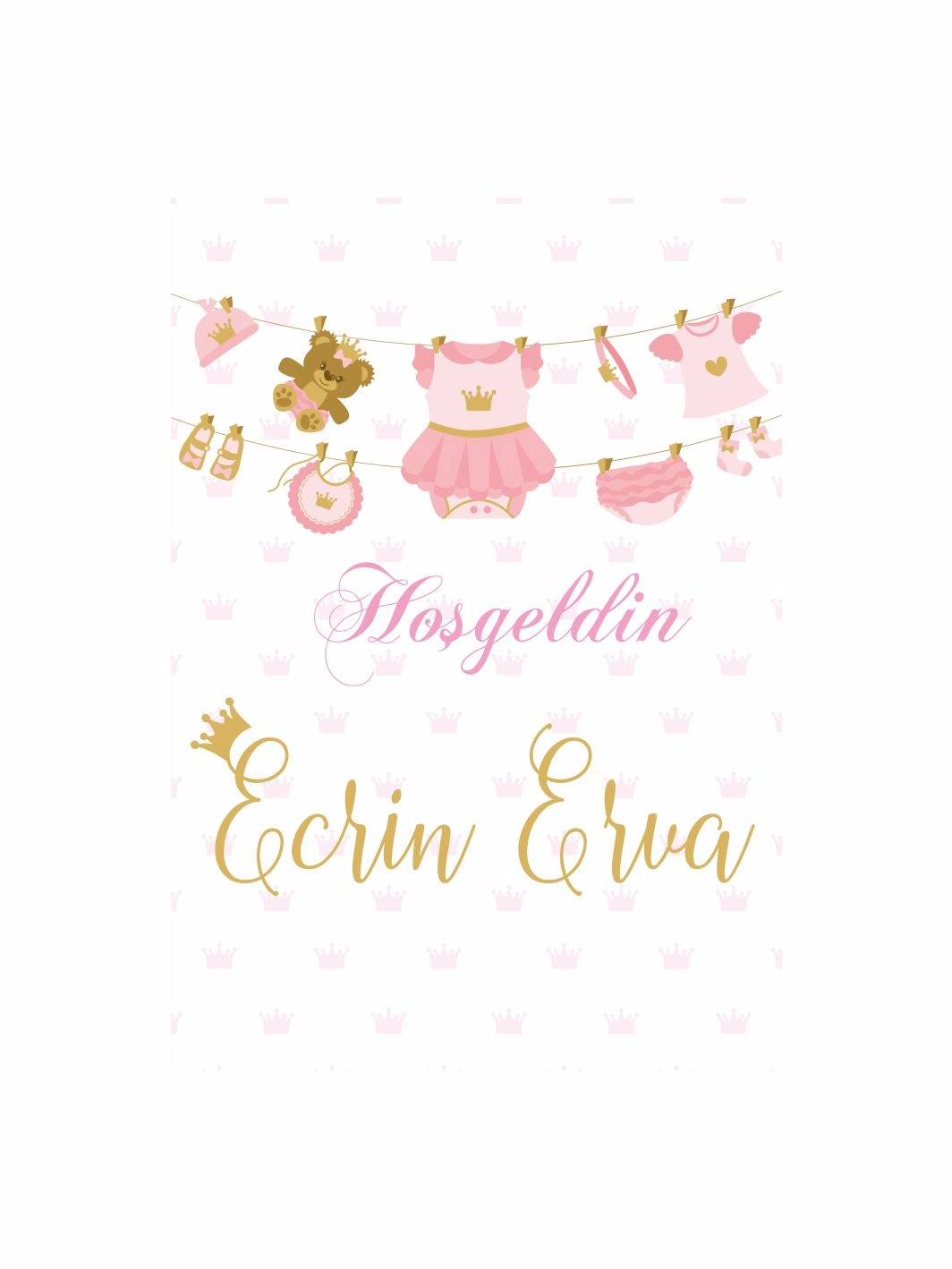 Hoş Geldin Bebek Pano Pembe Prenses Kıyafet Temalı Gold Yazılı Karşılama Panosu
