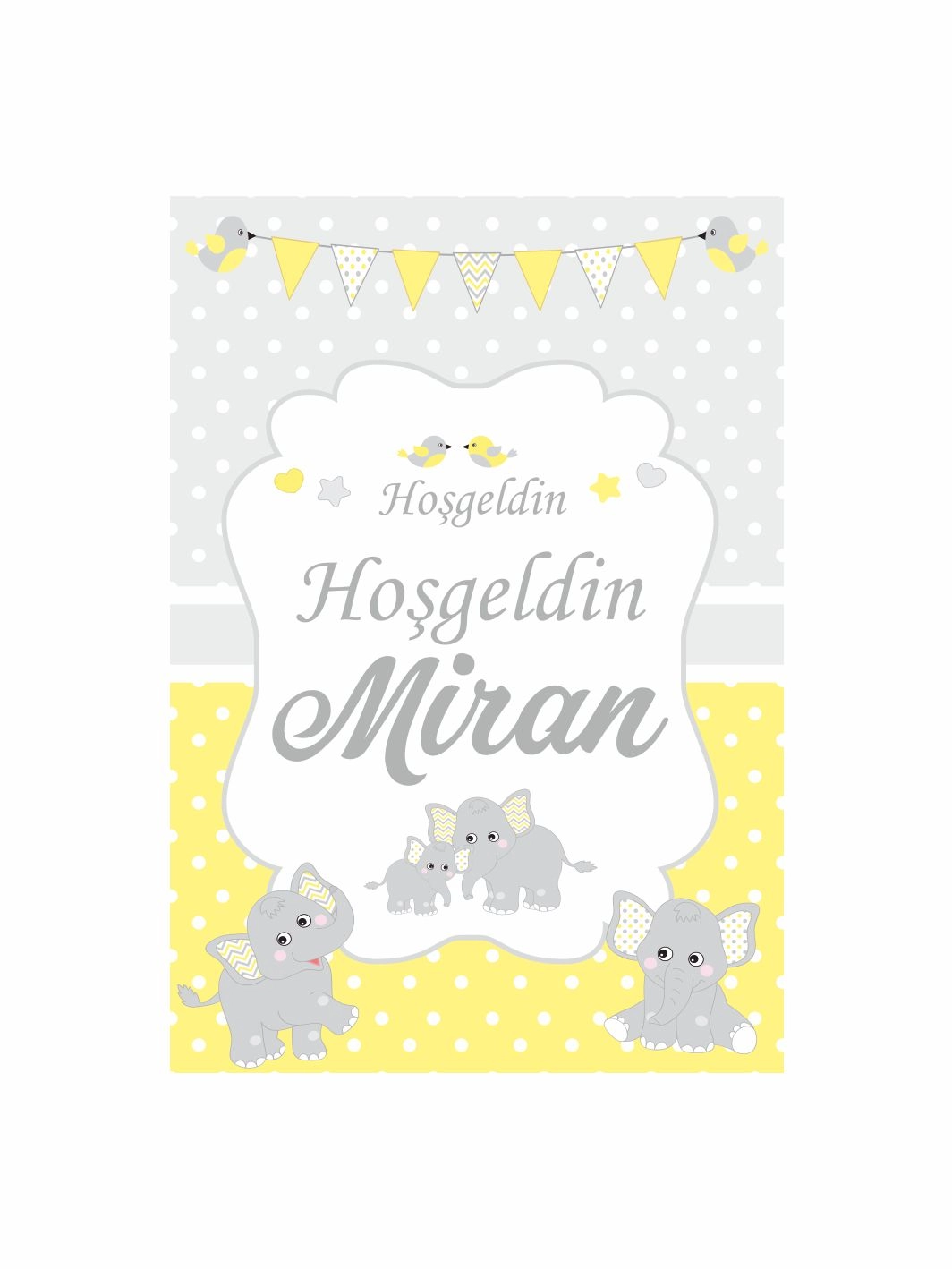 Hoş Geldin Bebek Pano Sarı Gri Filli Üçgen Bayraklı Erkek Bebek Karşılama Panosu