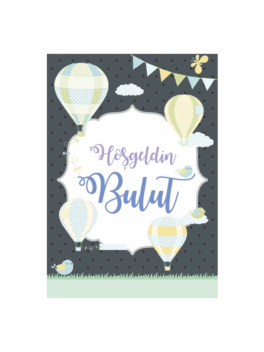 Hoş Geldin Bebek Pano Sıcak Hava Balonu Temalı Gece Konsept Erkek Bebek Karşılama Panosu