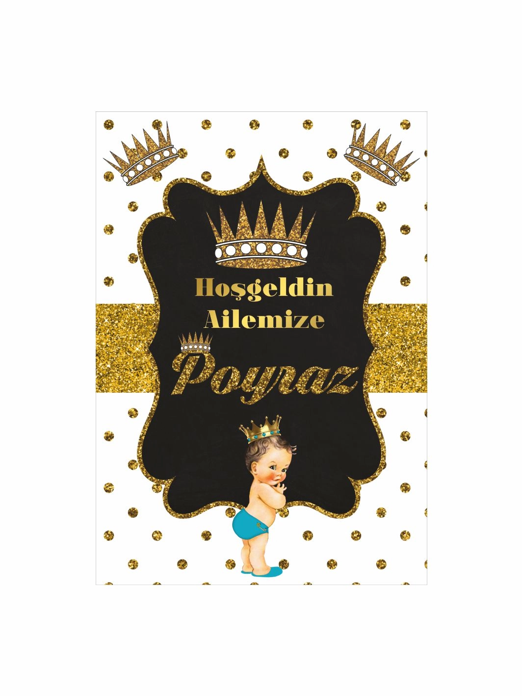 Hoş Geldin Bebek Pano Siyah Gold Prens Temalı Taht Çerçeveli Crown Detaylı Erkek Bebek Karşılama Panosu