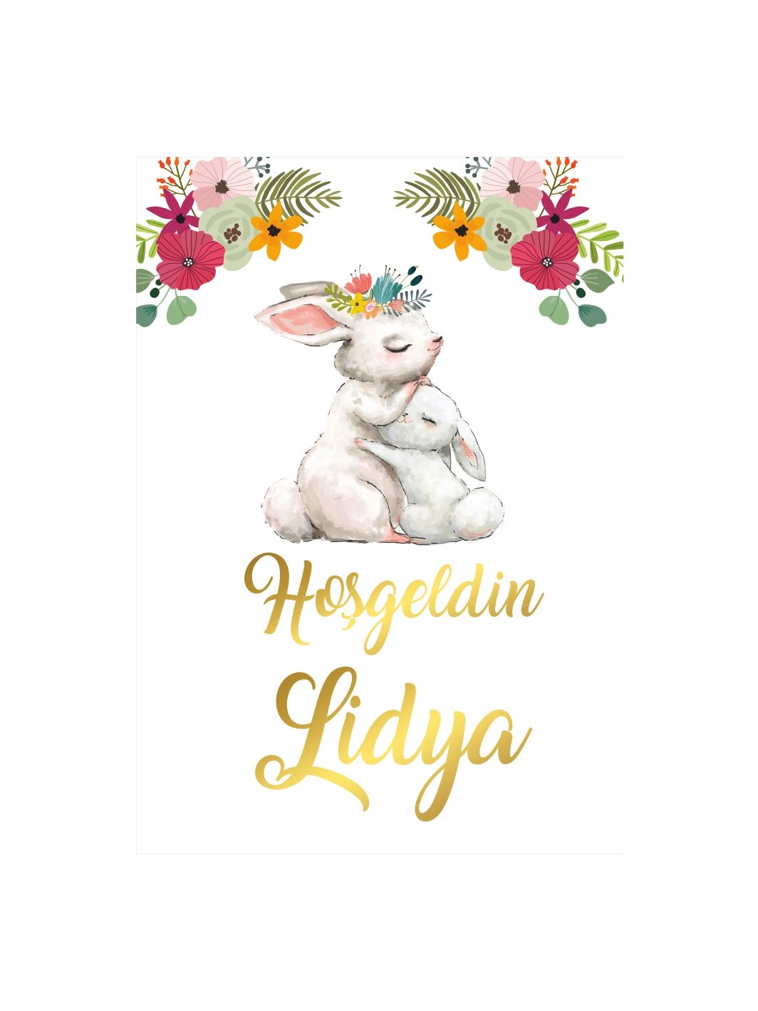 Hoş Geldin Bebek Pano Tavşanlı Çiçekli Gold Yazılı Kız Bebek Karşılama Panosu