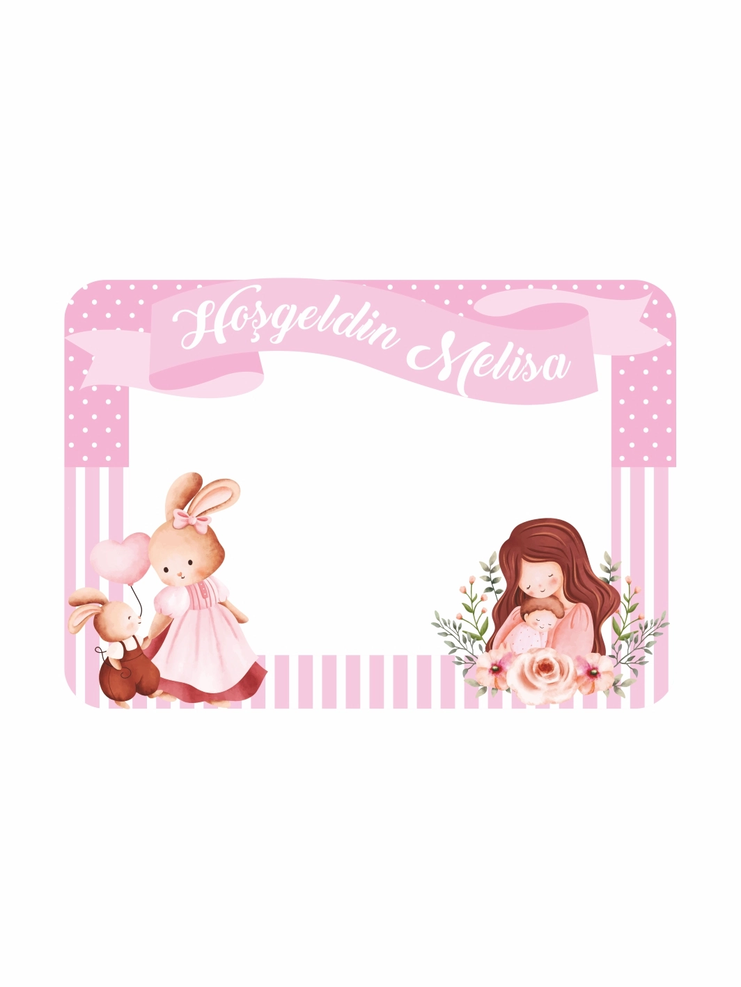 Hoş Geldin Bebek Pembe Tavşan ve Anne Bebek Temalı Hatıra Çerçevesi