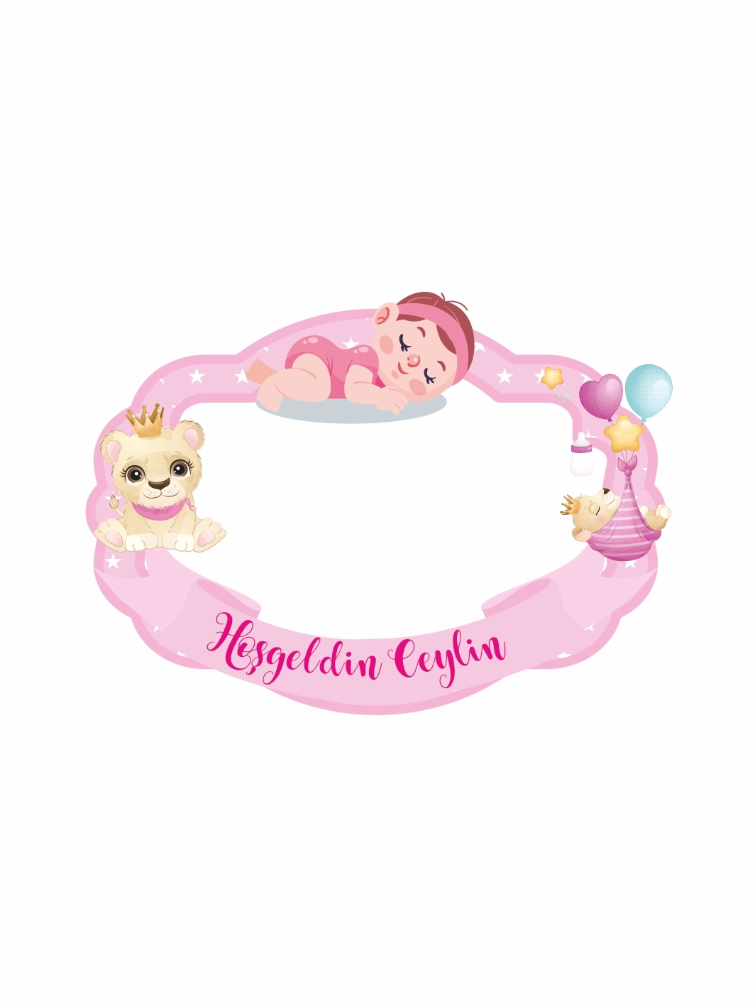 Hoş Geldin Bebek Pembe Uyuyan Bebek Aslan ve Balon Temalı Hatıra Çerçevesi