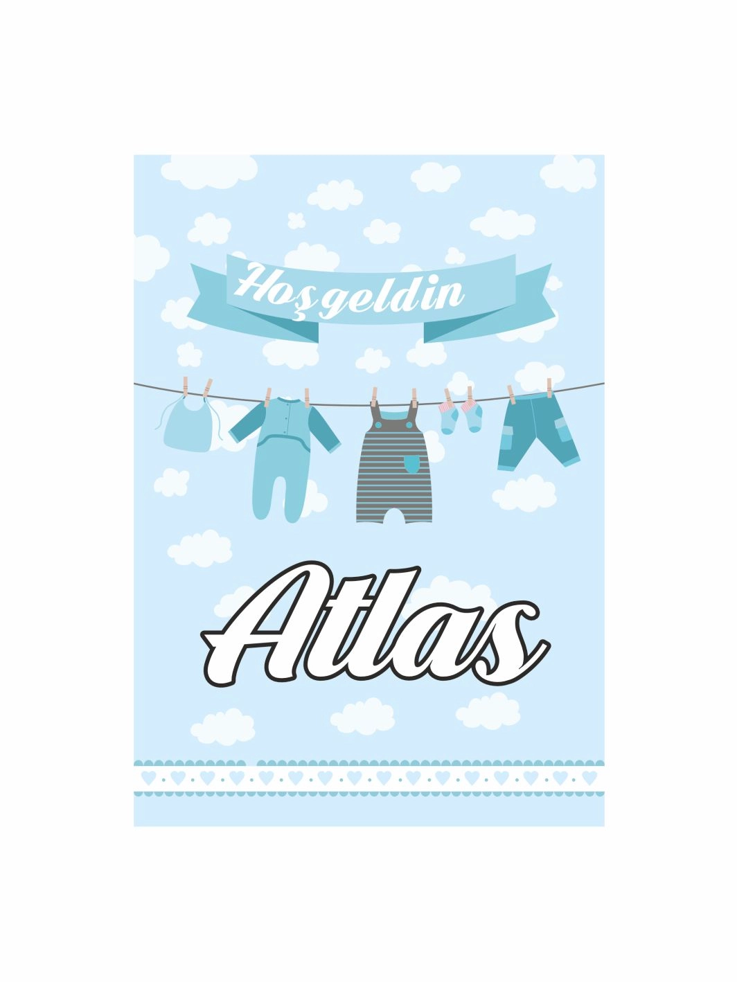 Hoşgeldin Bebek Pano Mavi Bulut Temalı Askılı Bebek Kıyafetleri Detaylı Erkek Bebek Karşılama Panosu