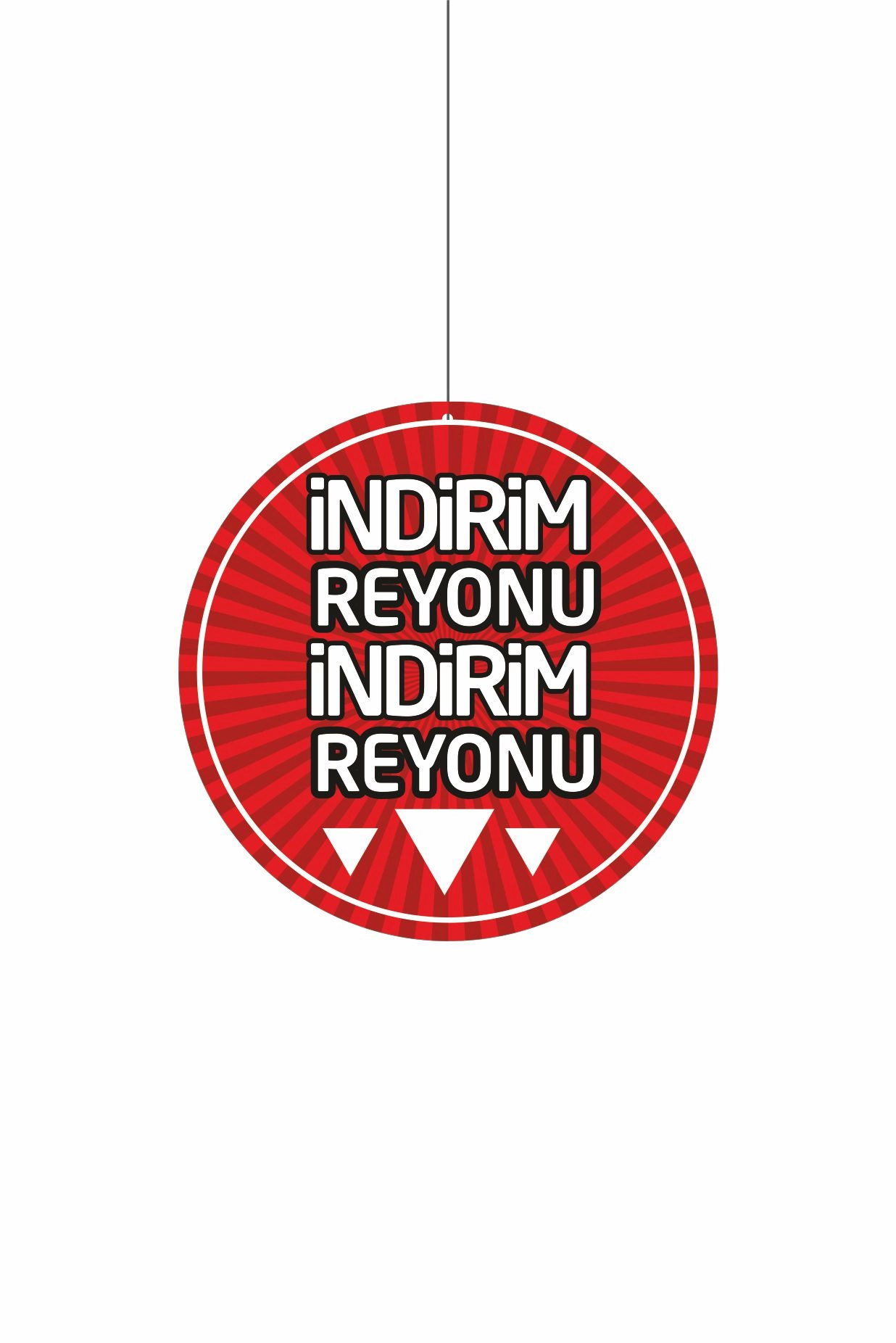 İndirim Reyonu Yazılı Mağaza Dönkartı 30x30 cm Çift Yön Baskılı – Tavan Askılı Kampanya Afişi