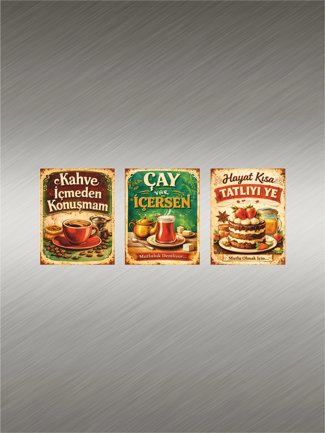 Kahve Çay Tatlı Temalı Retro Yazılı Buzdolabı Magnet Seti 3’lü – Nostaljik Mutfak Magnet Modelleri