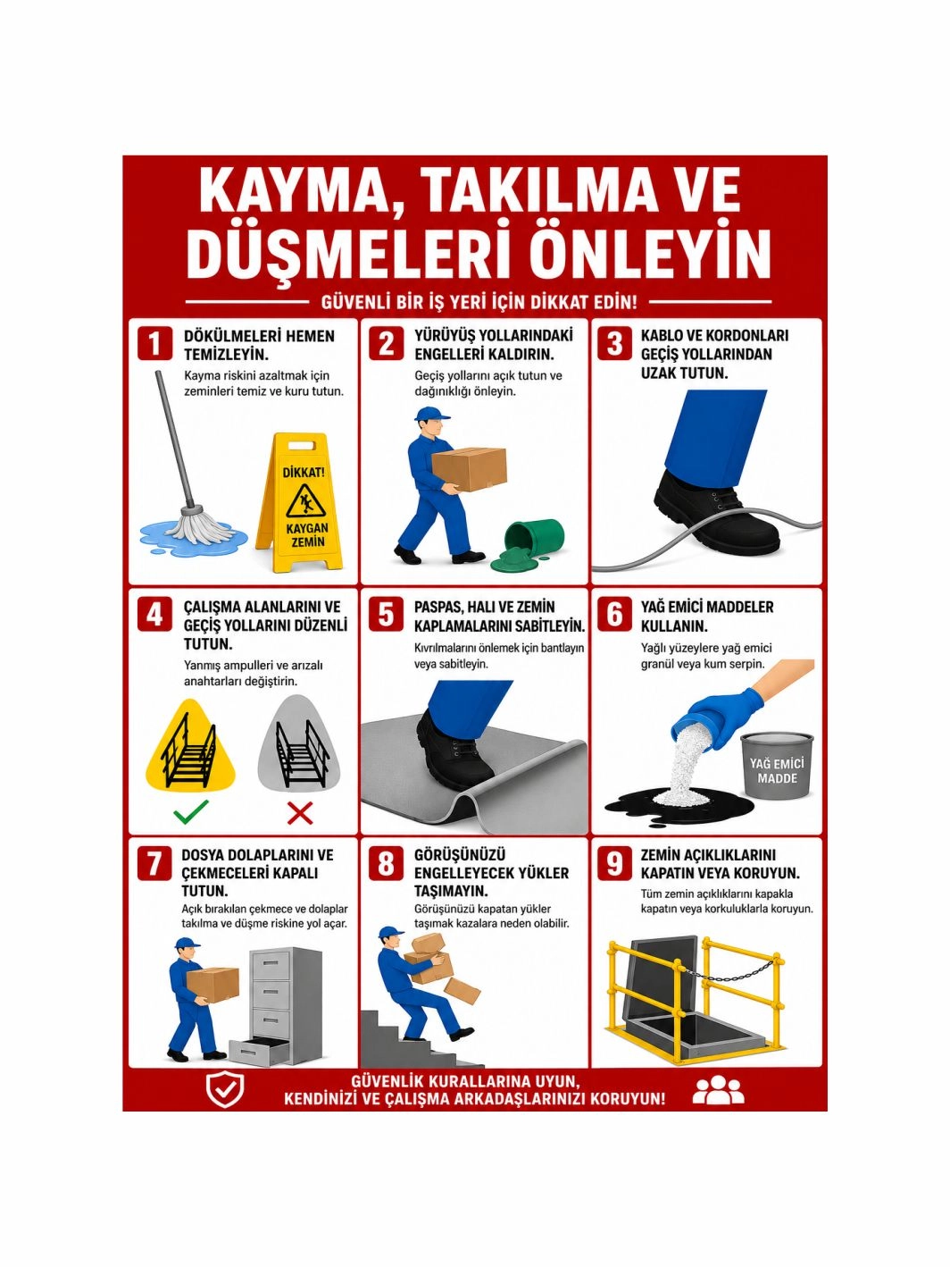 Kayma, Takılma ve Düşmeleri Önleyin Uyarı Levhası 40x30 cm – İş Güvenliği Tabelası