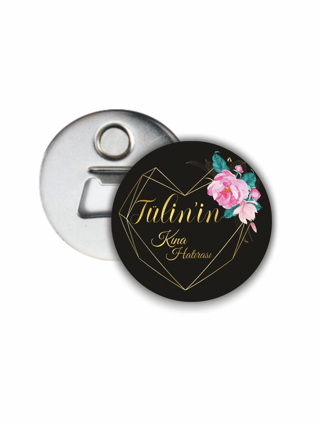Kına Açacak Magnet Siyah Zemin Kalp Gold Çerçeve Pembe Çiçek Detaylı 58mm Buton Magnet