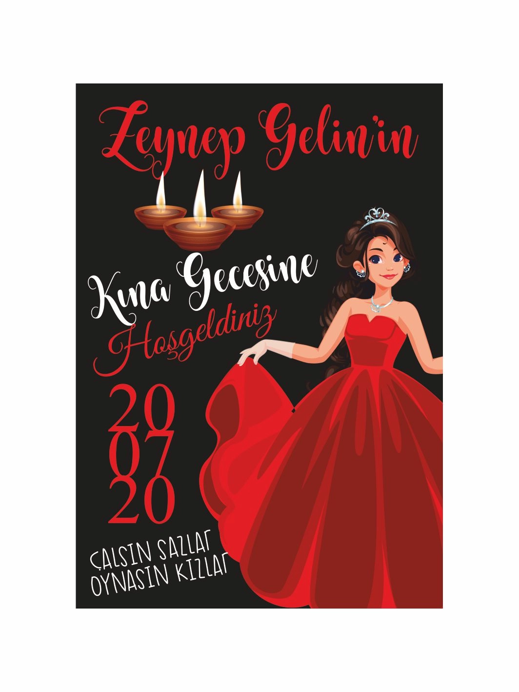 Kına Gecesi Ayaklı Karşılama Levhası Kırmızı Elbiseli Gelin Konsept