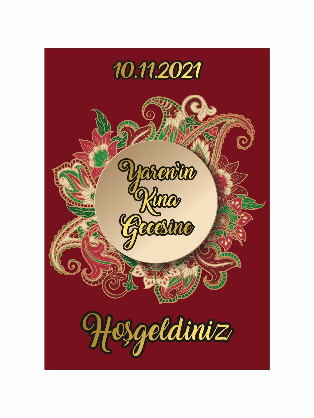 Kına Gecesi Gelin Karşılama Pano Bordo Zemin Mandala Çerçeve Konsept