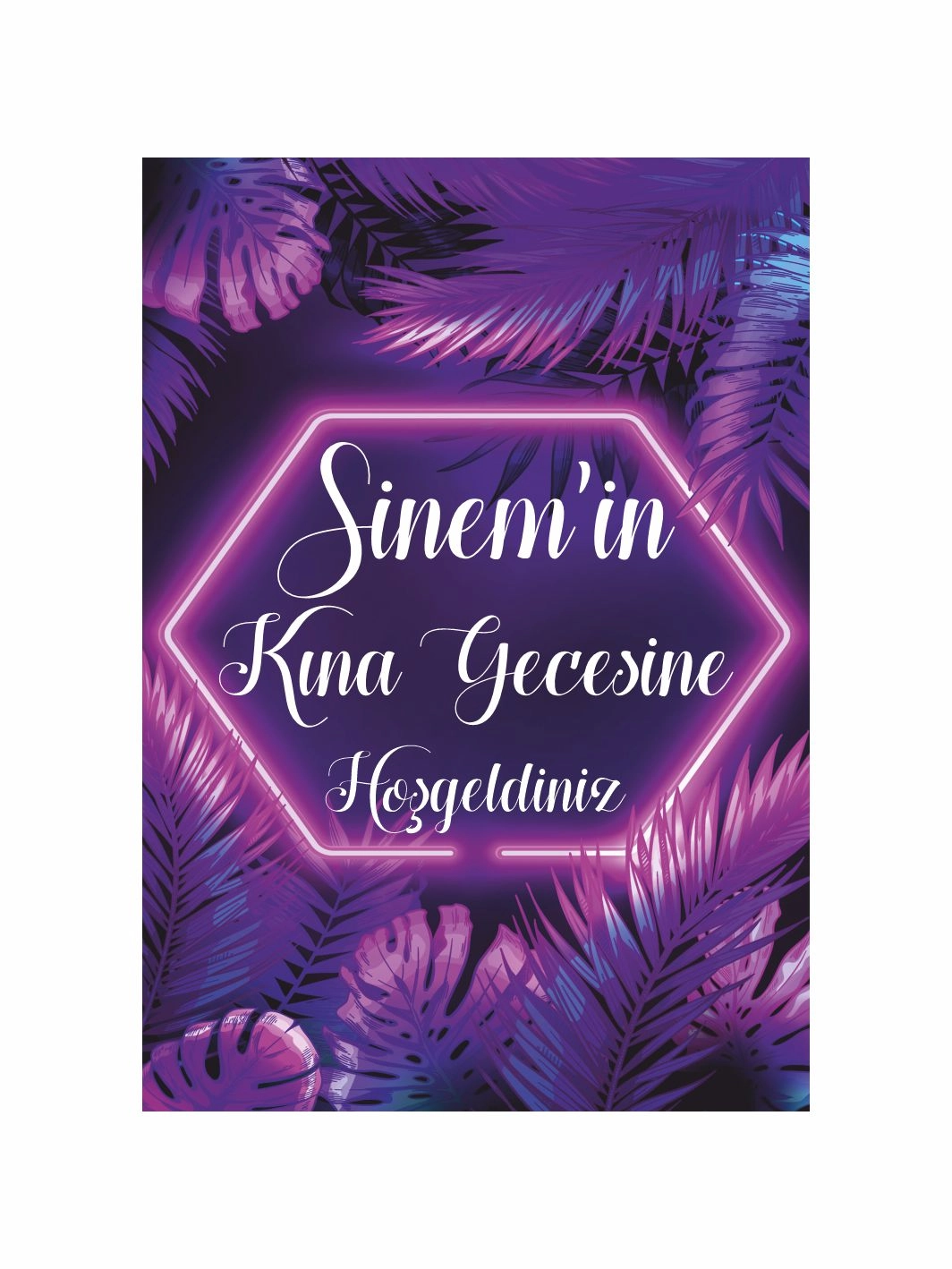 Kına Gecesi Karşılama Panosu Mor Yaprak Zemin Neon Çerçeve Tema