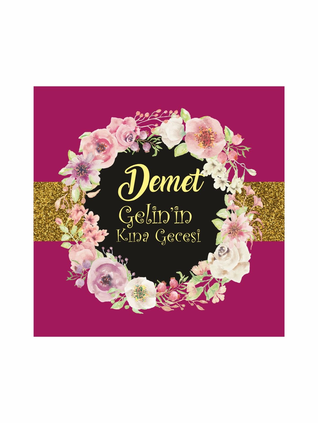 Kına Gecesi Pist Kaplama Yer Afişi Fuşya Zemin Gold Simli Şeritli Çiçek Çelenkli Şık Konsept