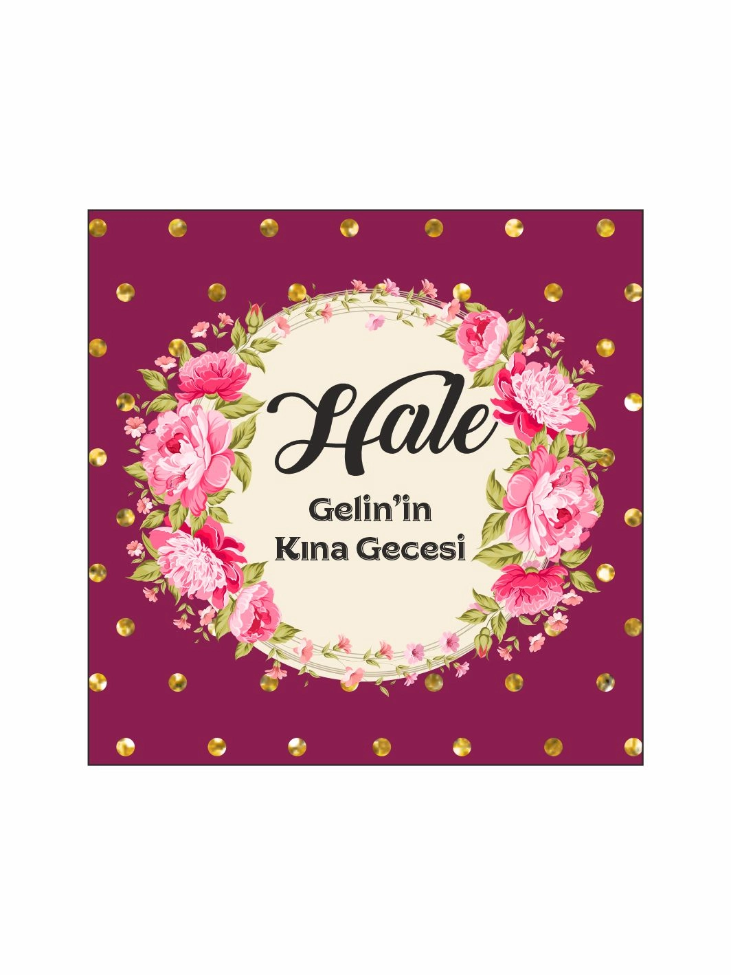 Kına Gecesi Pist Kaplama Yer Afişi Fuşya Zemin Gold Puantiyeli Pembe Çiçekli Klasik Yuvarlak Çerçeveli Konsept