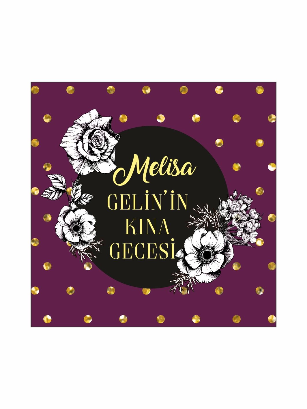 Kına Gecesi Pist Kaplama Yer Afişi Mor Zemin Gold Puantiyeli Siyah Daire Çerçeveli Beyaz Çiçek Çizimli Konsept