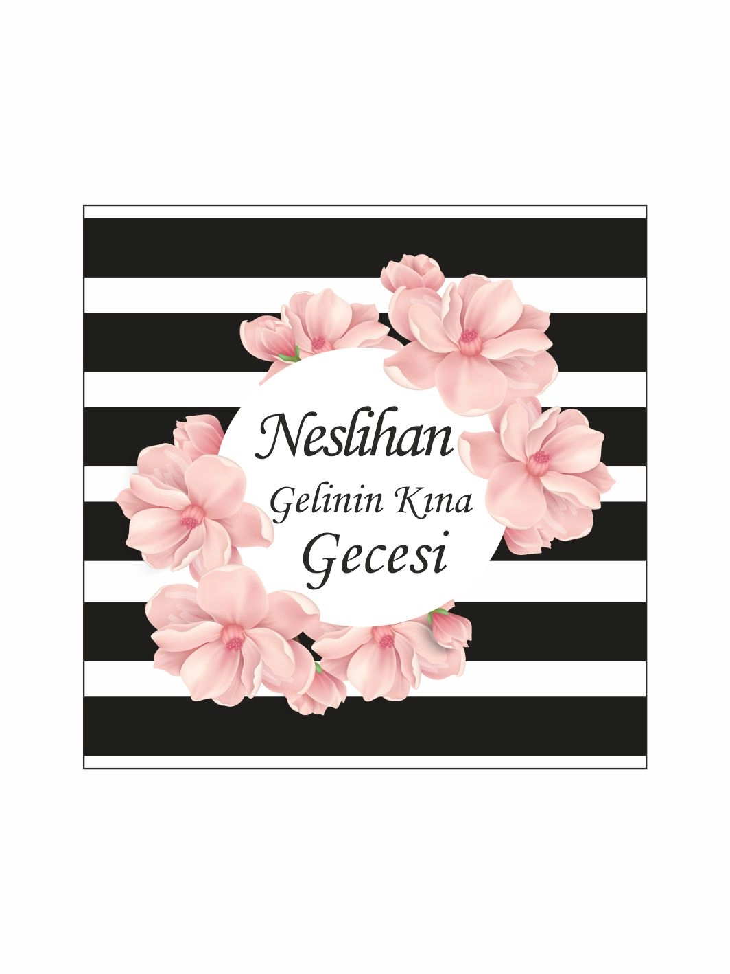 Kına Gecesi Pist Kaplama Yer Afişi Siyah Beyaz Çizgili Pudra Çiçekli Yuvarlak Çerçeveli Gelin Kına Gecesi Konsept