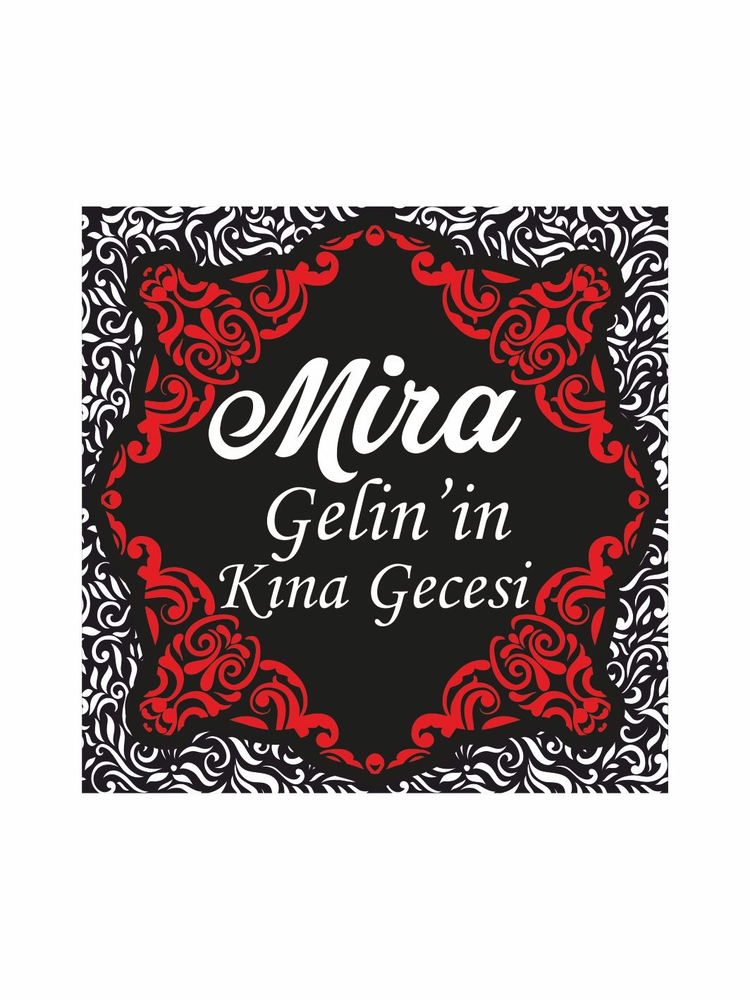 Kına Gecesi Pist Kaplama Yer Afişi Siyah Beyaz Damask Desenli Kırmızı Osmanlı Motifli Çerçeveli Klasik Konsept