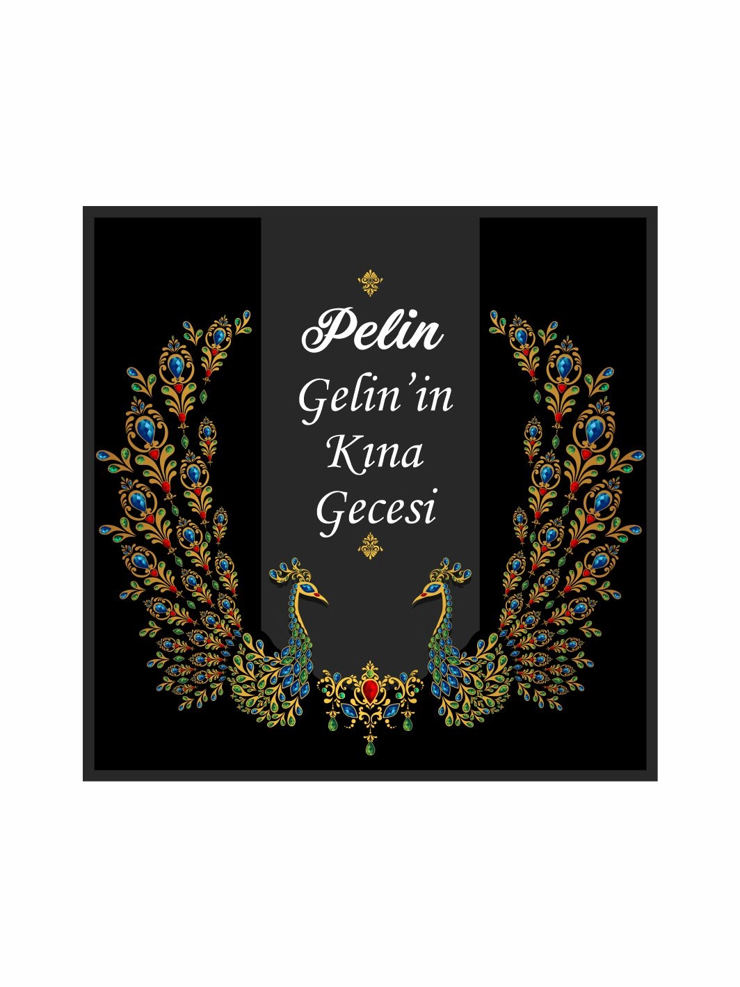Kına Gecesi Pist Kaplama Yer Afişi Siyah Zemin Altın İşlemeli Tavus Desenli Klasik Konsept