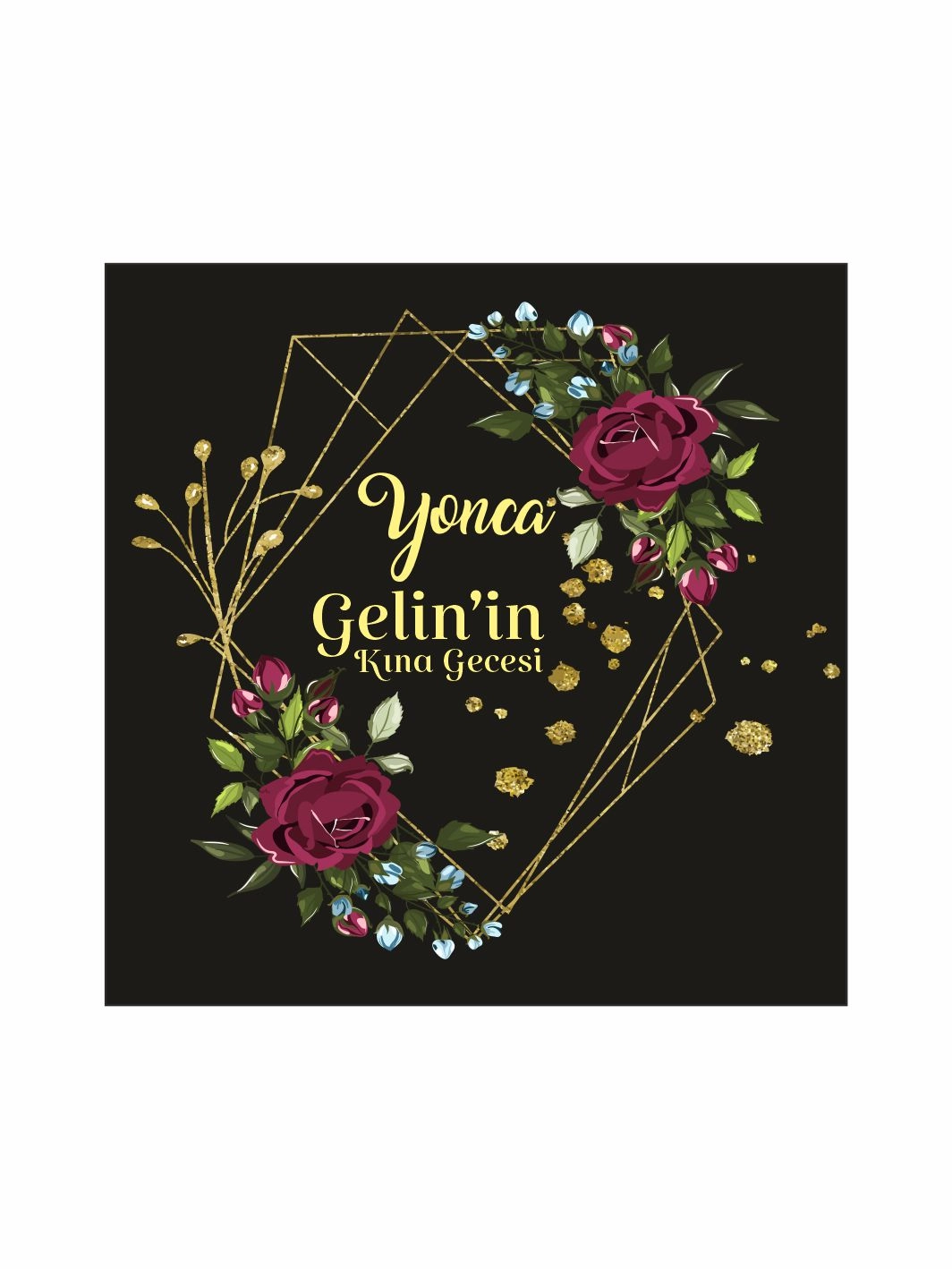 Kına Gecesi Pist Kaplama Yer Afişi Siyah Zemin Gold Geometrik Çerçeveli Bordo Gül Desenli Lüks Konsept