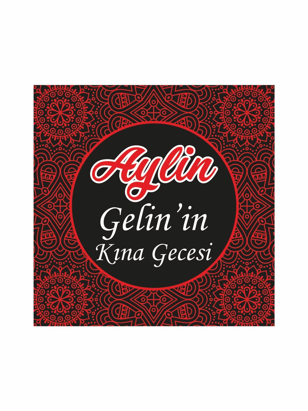 Kına Gecesi Pist Kaplama Yer Afişi Siyah Zemin Kırmızı Mandala Desenli Yuvarlak Çerçeveli Otantik Konsept