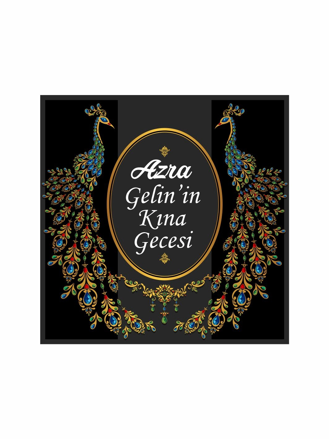 Kına Gecesi Pist Kaplama Yer Afişi Siyah Zemin Tavus Kuşlu Gold Oval Çerçeve Lüks Konsept